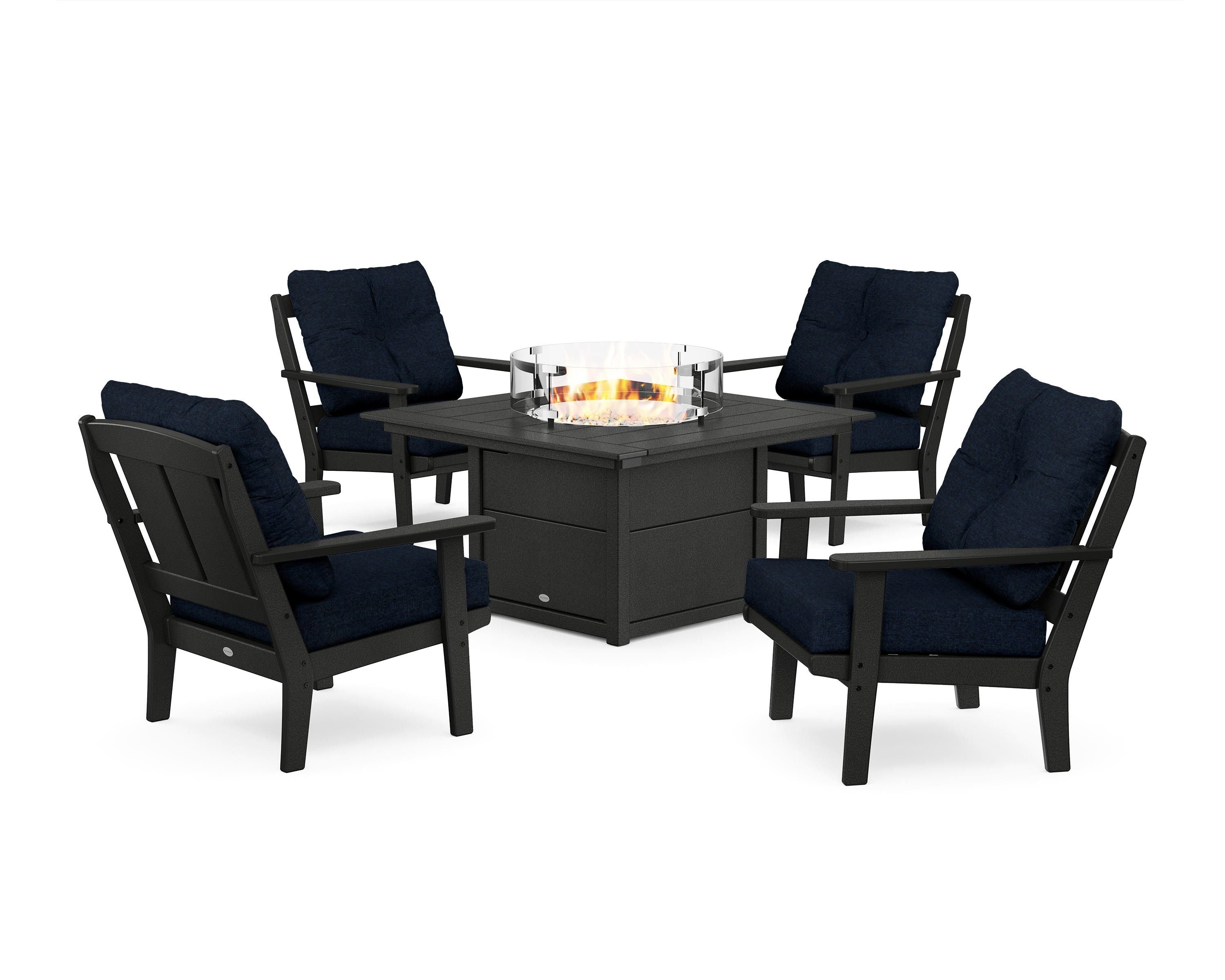 POLYWOOD Mission 5-Piece Deep Seating Set with Fire Pit Table in Black / Marine Indigo