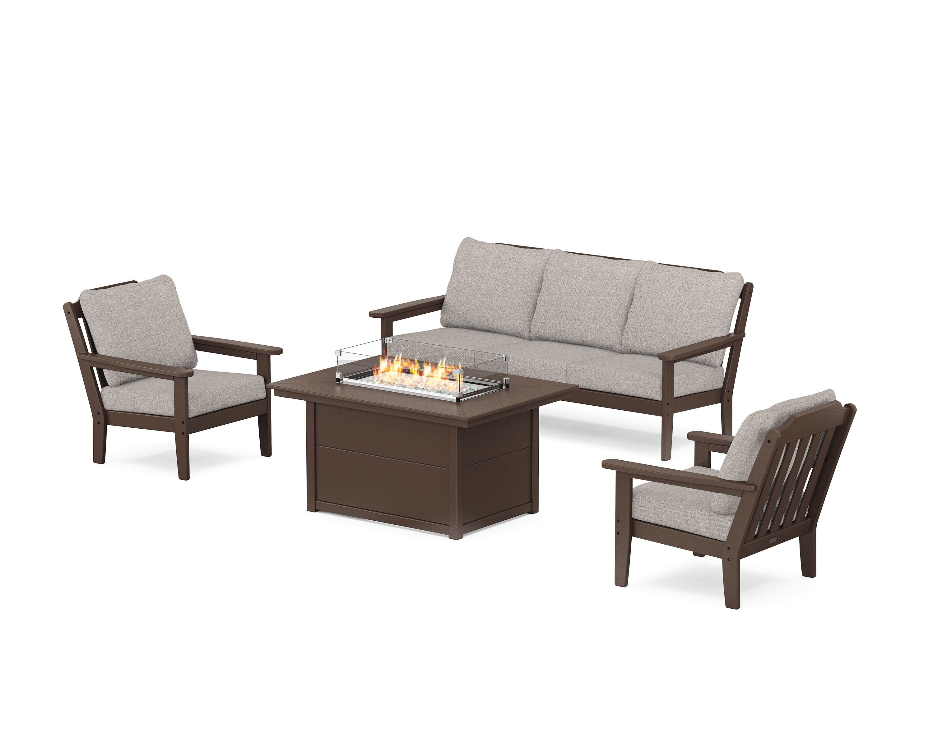 Country Living Cottage Deep Seating Fire Pit Table Set in Mahogany / Weathered Tweed
