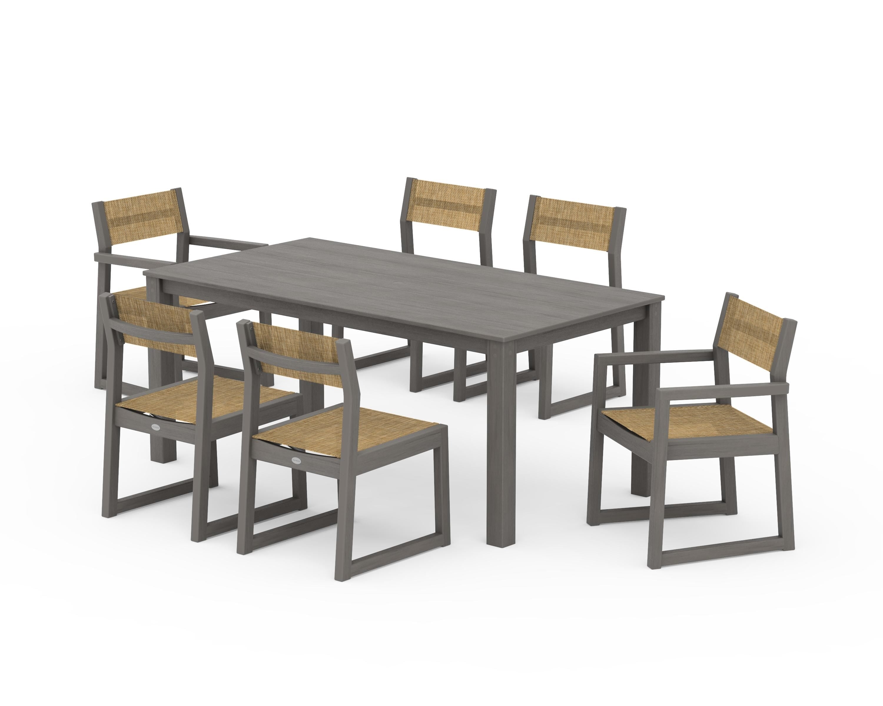 POLYWOOD EDGE Sling 7-Piece Parsons Dining Set in Driftwood / Burlap Sling
