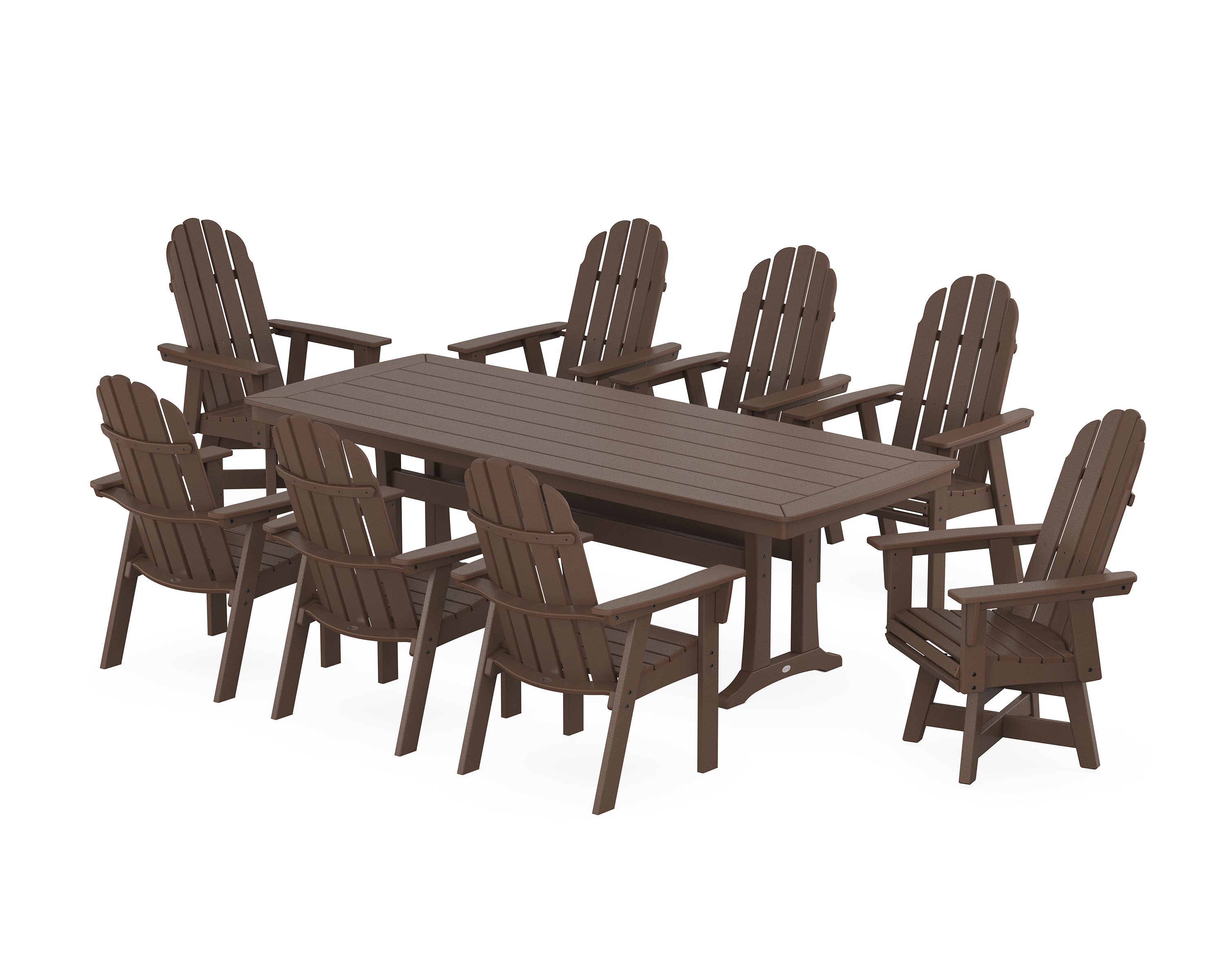 POLYWOOD® Vineyard Curveback Adirondack Swivel 9-Piece Dining Set with Trestle Legs in Mahogany