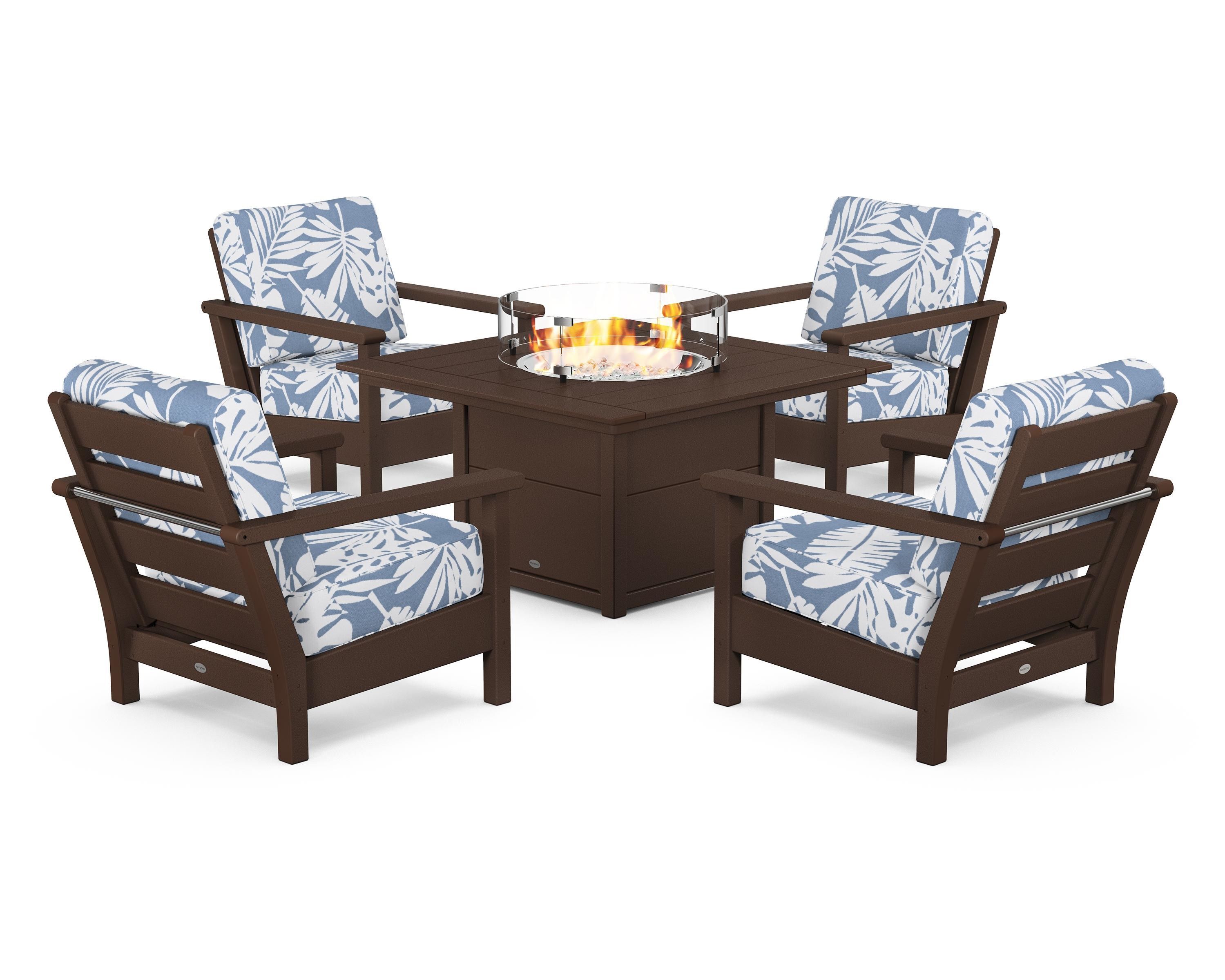 POLYWOOD Harbour 5-Piece Conversation Set with Fire Pit Table in Mahogany / Leaf Sky Blue