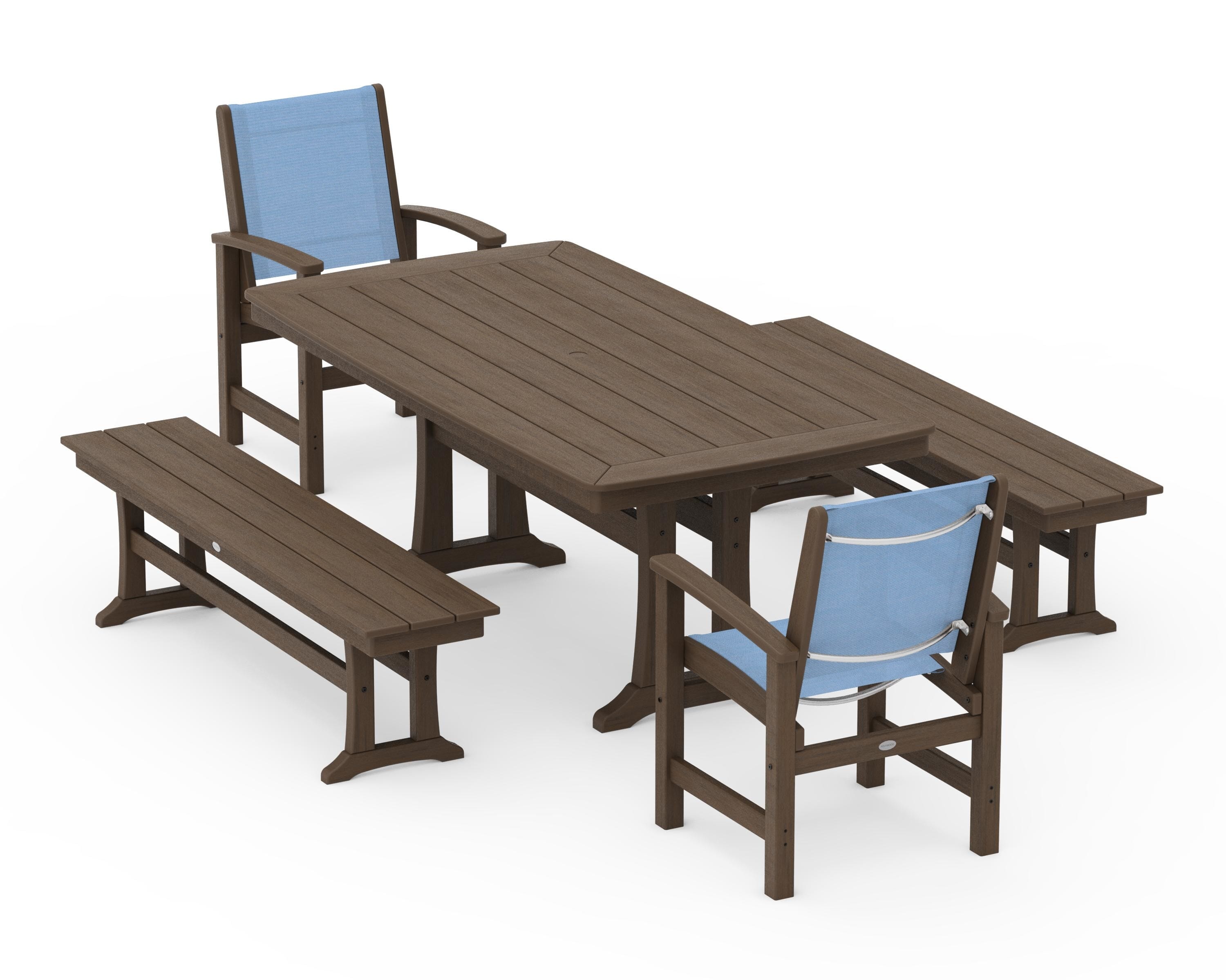POLYWOOD Coastal 5-Piece Dining Set with Trestle Legs and Benches in Kona / Poolside Sling