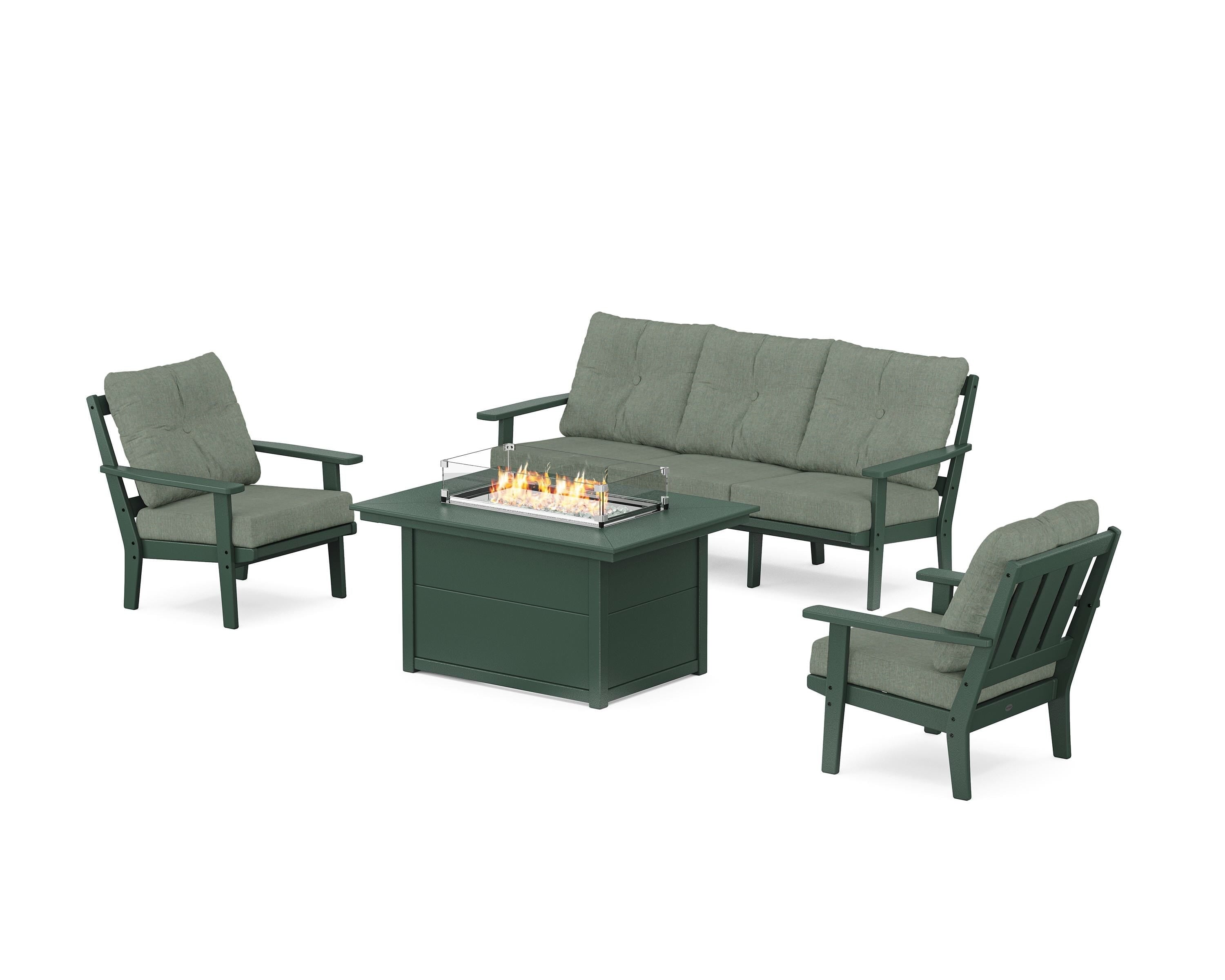 POLYWOOD Oxford Deep Seating Fire Pit Table Set in Green / Cast Sage