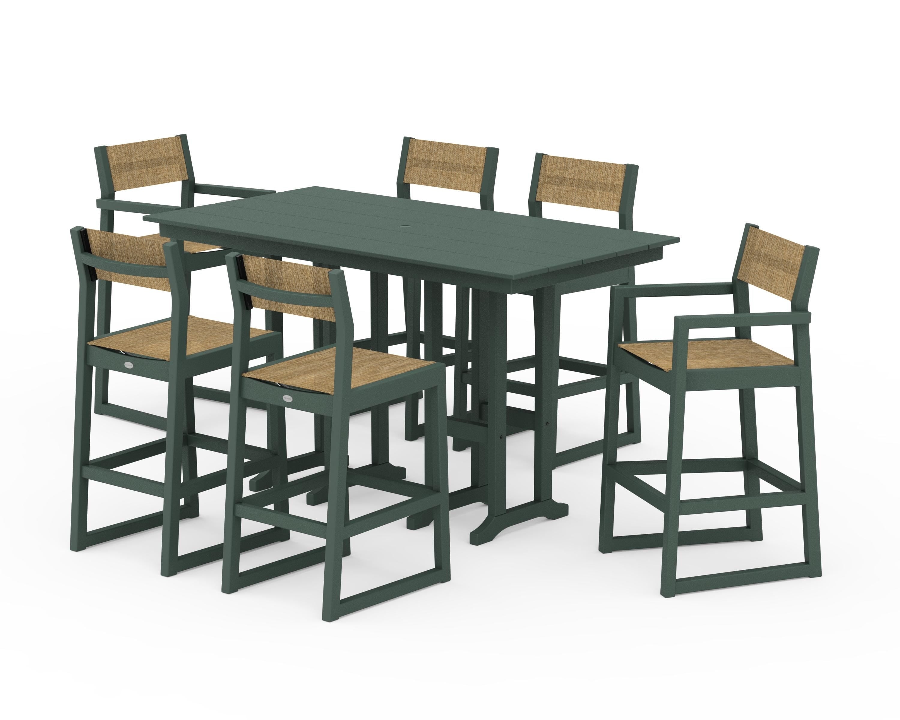 POLYWOOD EDGE Sling 7-Piece Farmhouse Bar Set in Green / Burlap Sling