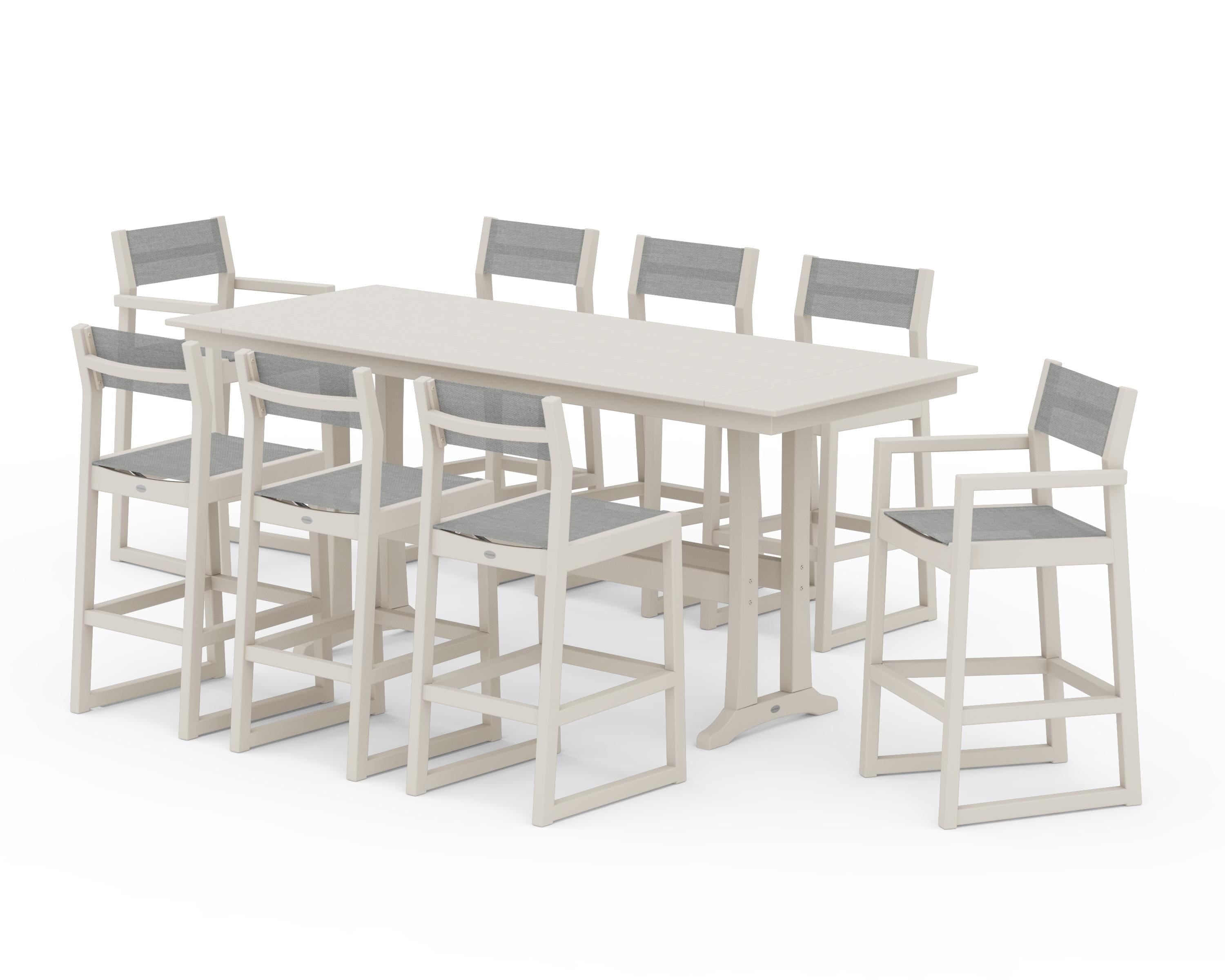 POLYWOOD EDGE Sling 9-Piece Farmhouse Bar Set with Trestle Legs in Sand / Metallic Sling