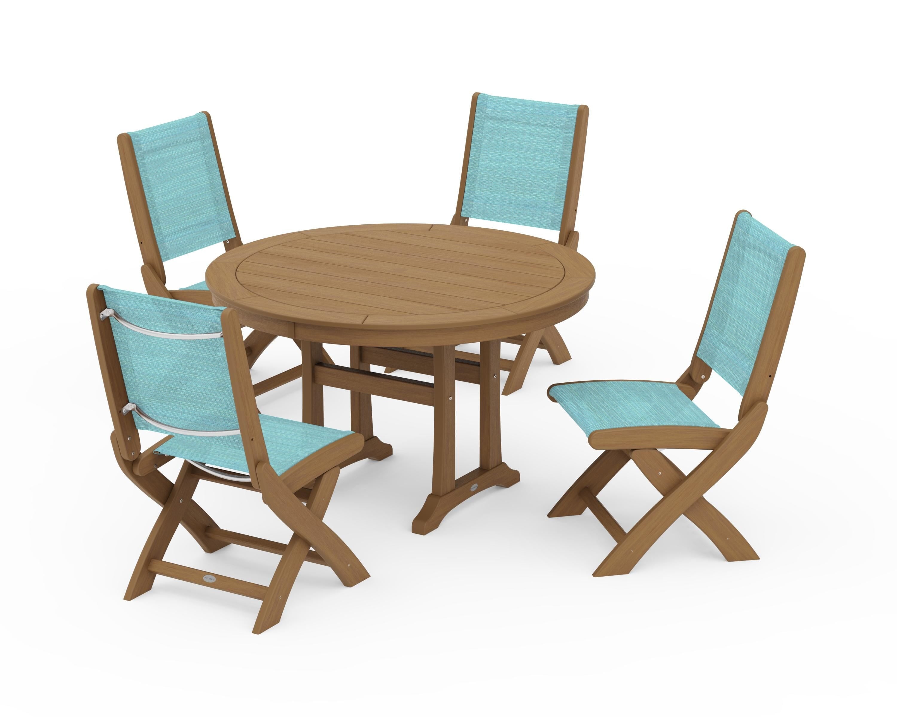 POLYWOOD Coastal Folding Side Chair 5-Piece Round Dining Set With Trestle Legs in Natural / Dupioni Aquamarine Sling