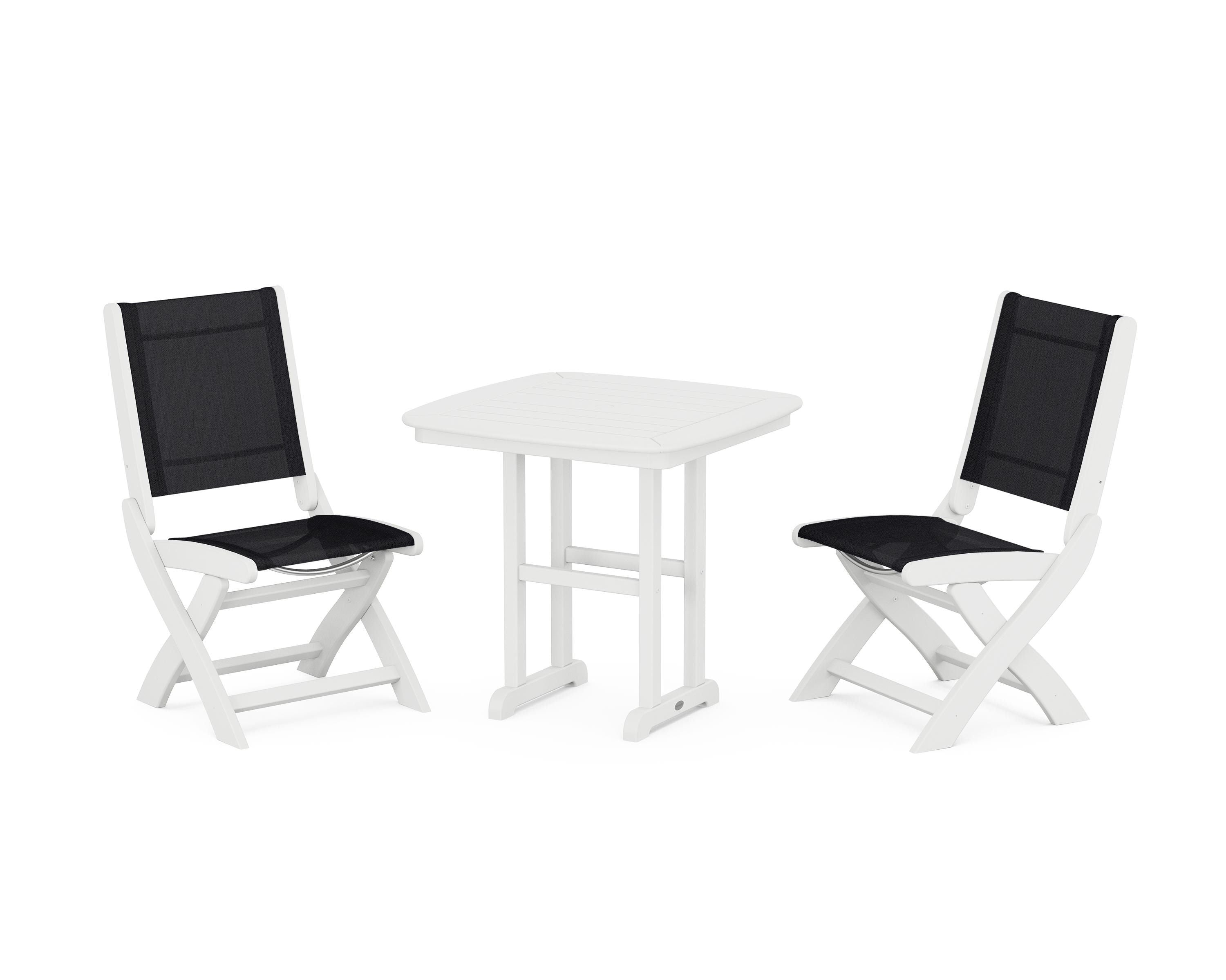 POLYWOOD Coastal Folding Side Chair 3-Piece Dining Set in White / Black Sling