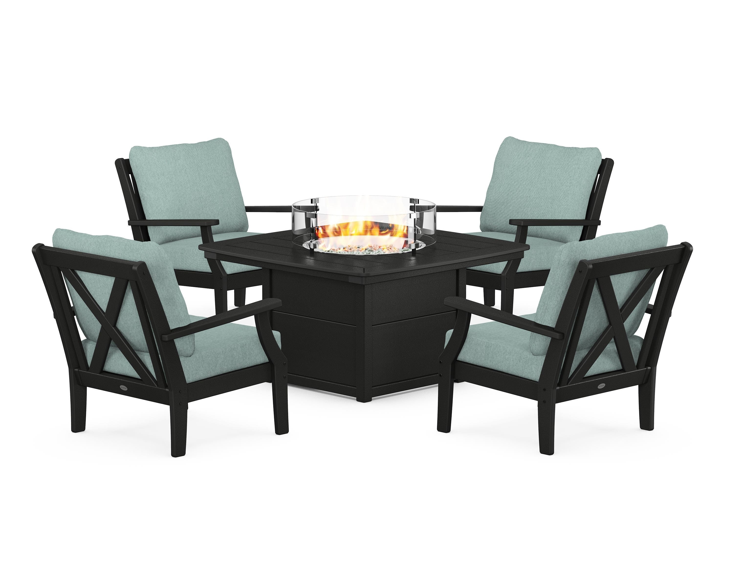 POLYWOOD Braxton 5-Piece Deep Seating Conversation Set with Fire Pit Table in Black / Glacier Spa