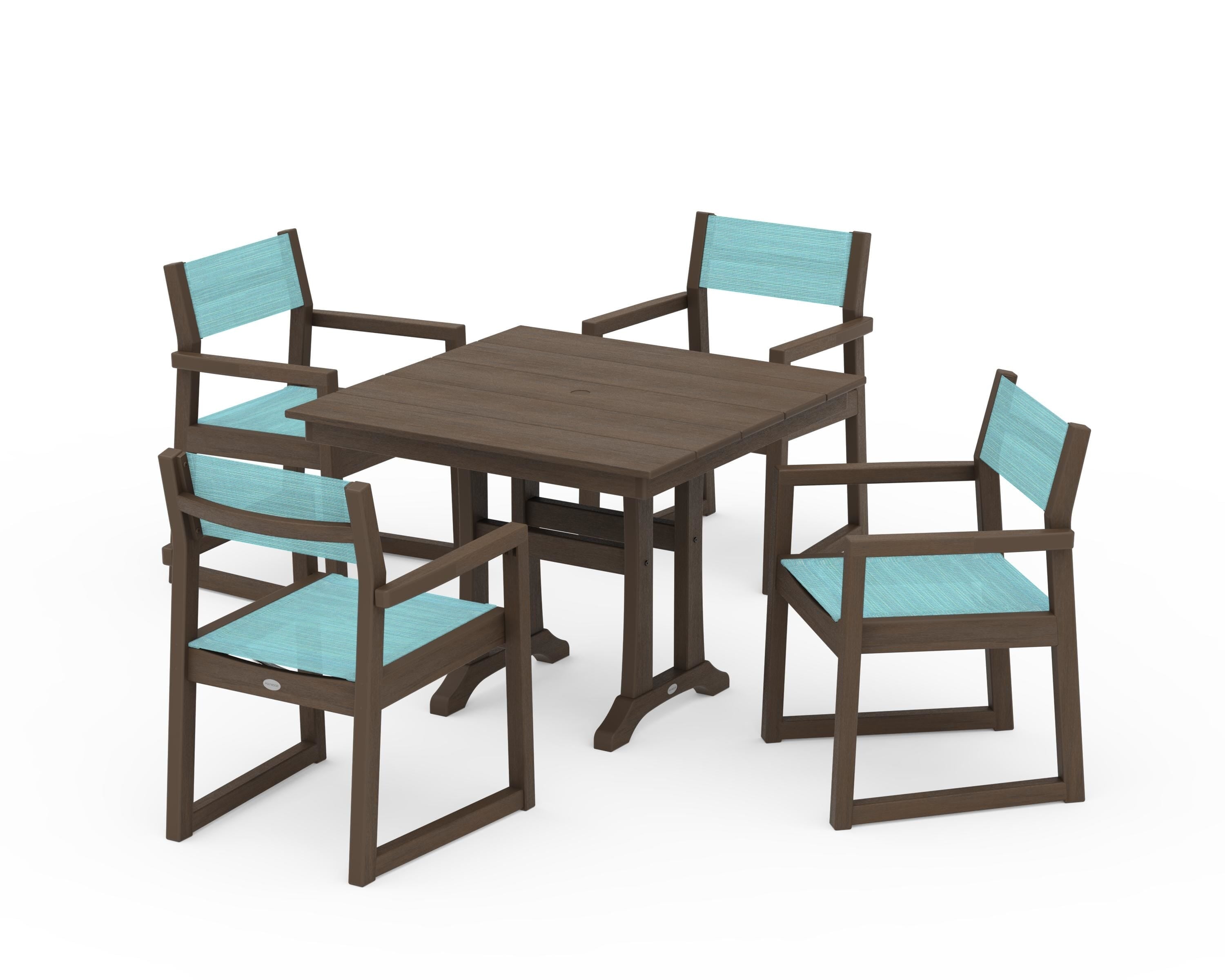 POLYWOOD EDGE Sling 5-Piece Farmhouse Dining Set with Trestle Legs in Kona / Dupioni Aquamarine Sling