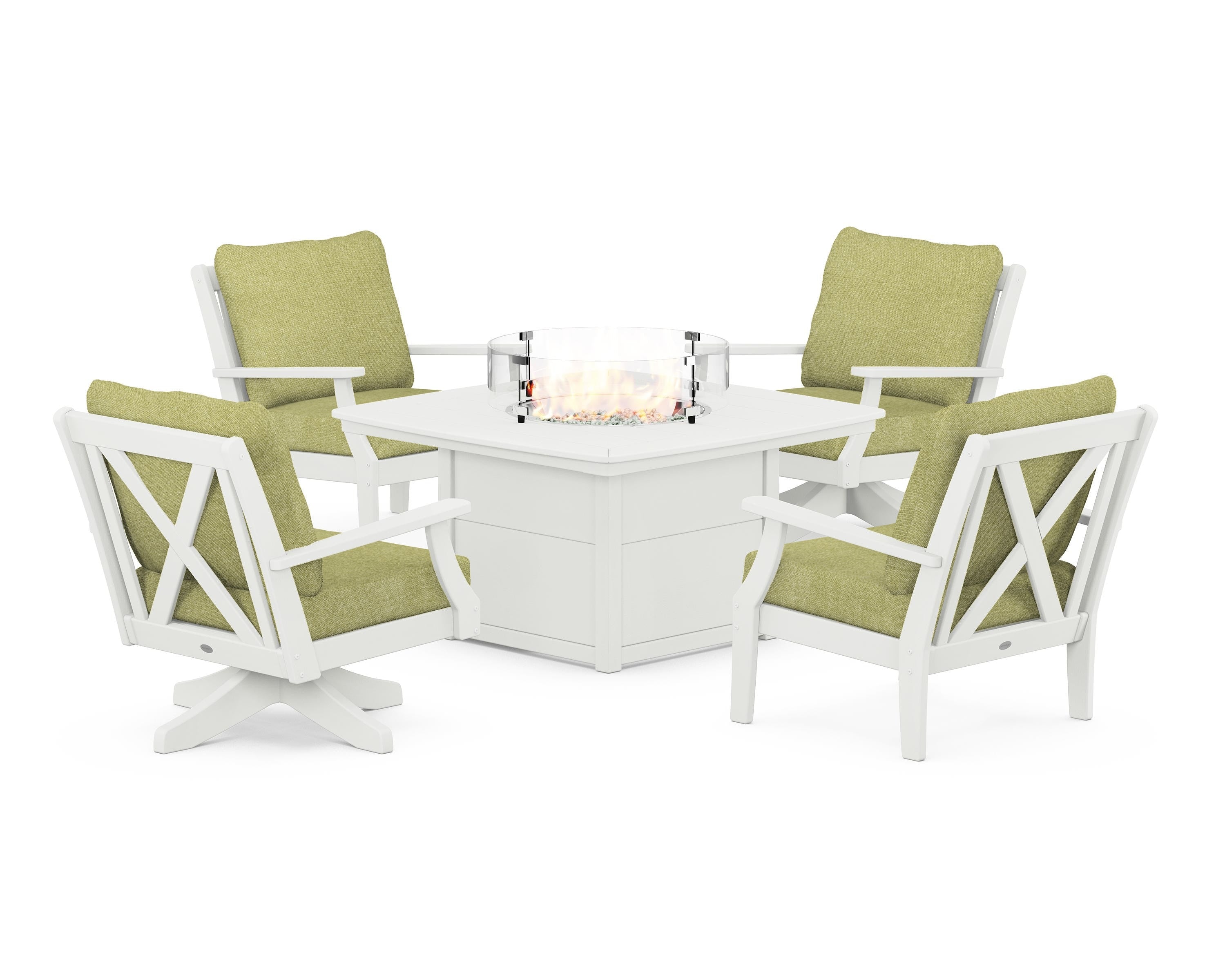 POLYWOOD Braxton 5-Piece Deep Seating Set with Fire Table in Vintage White / Chartreuse Boucle