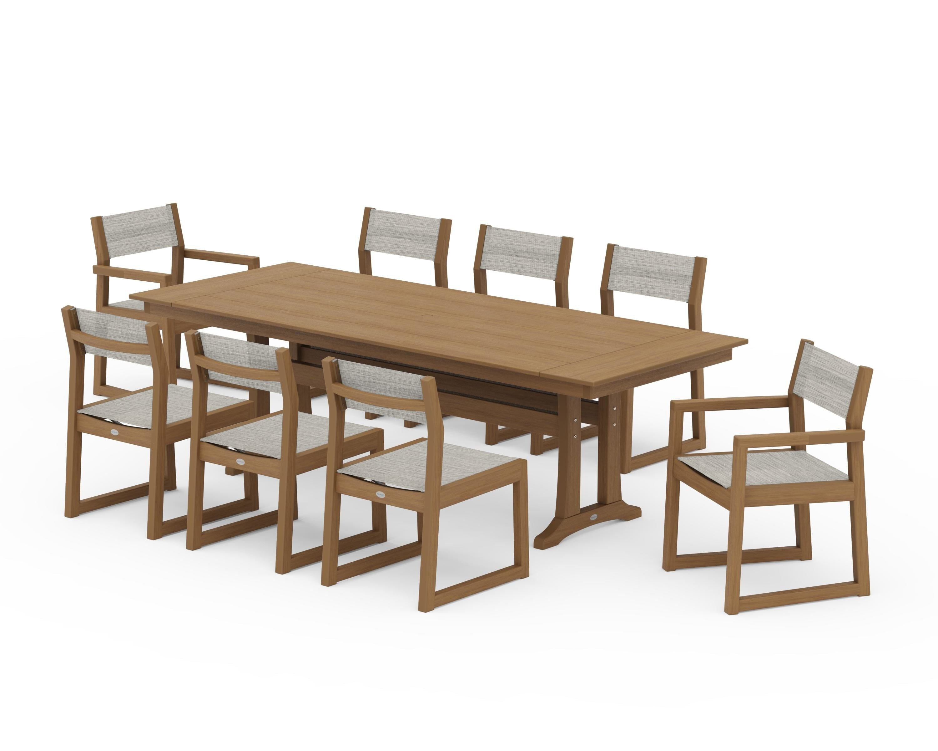 POLYWOOD EDGE Sling 9-Piece Farmhouse Trestle Dining Set in Natural / Birch Sling