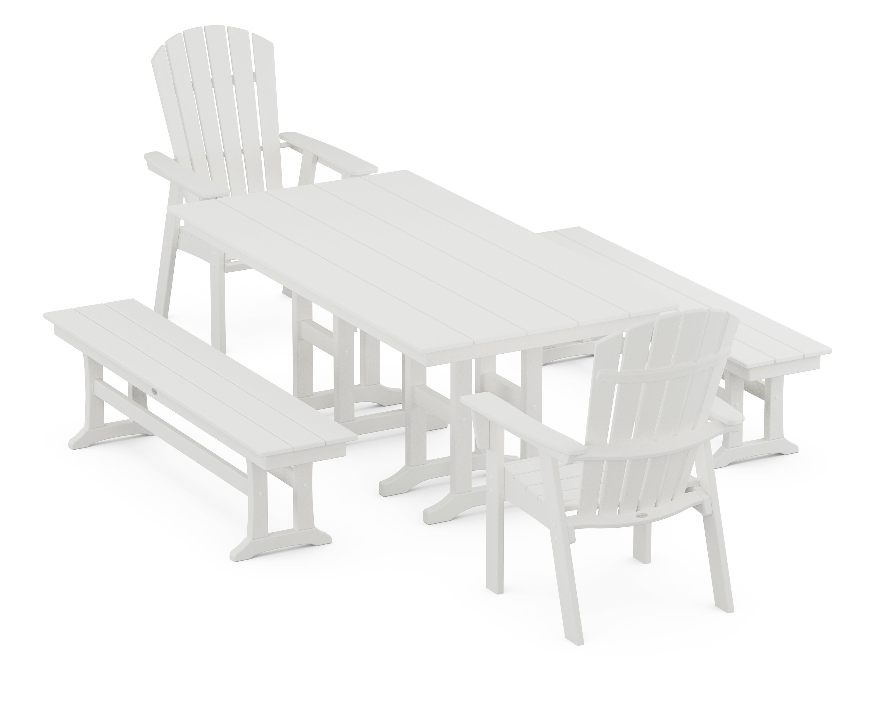 POLYWOOD® Nautical Curveback Adirondack 5-Piece Farmhouse Dining Set with Benches in Vintage White