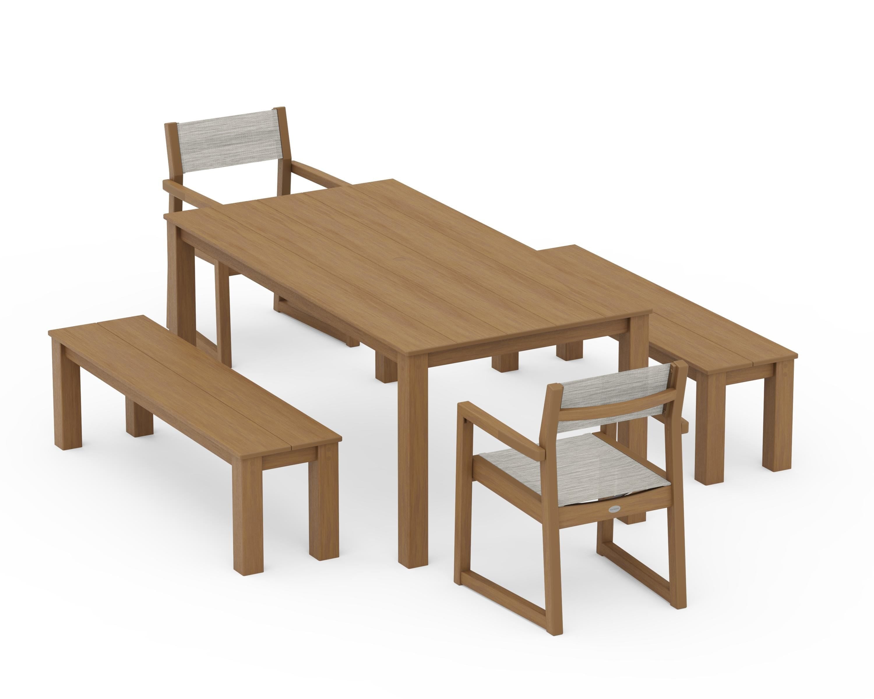 POLYWOOD EDGE Sling Arm Chair 5-Piece Parsons Dining Set with Benches in Natural / Birch Sling