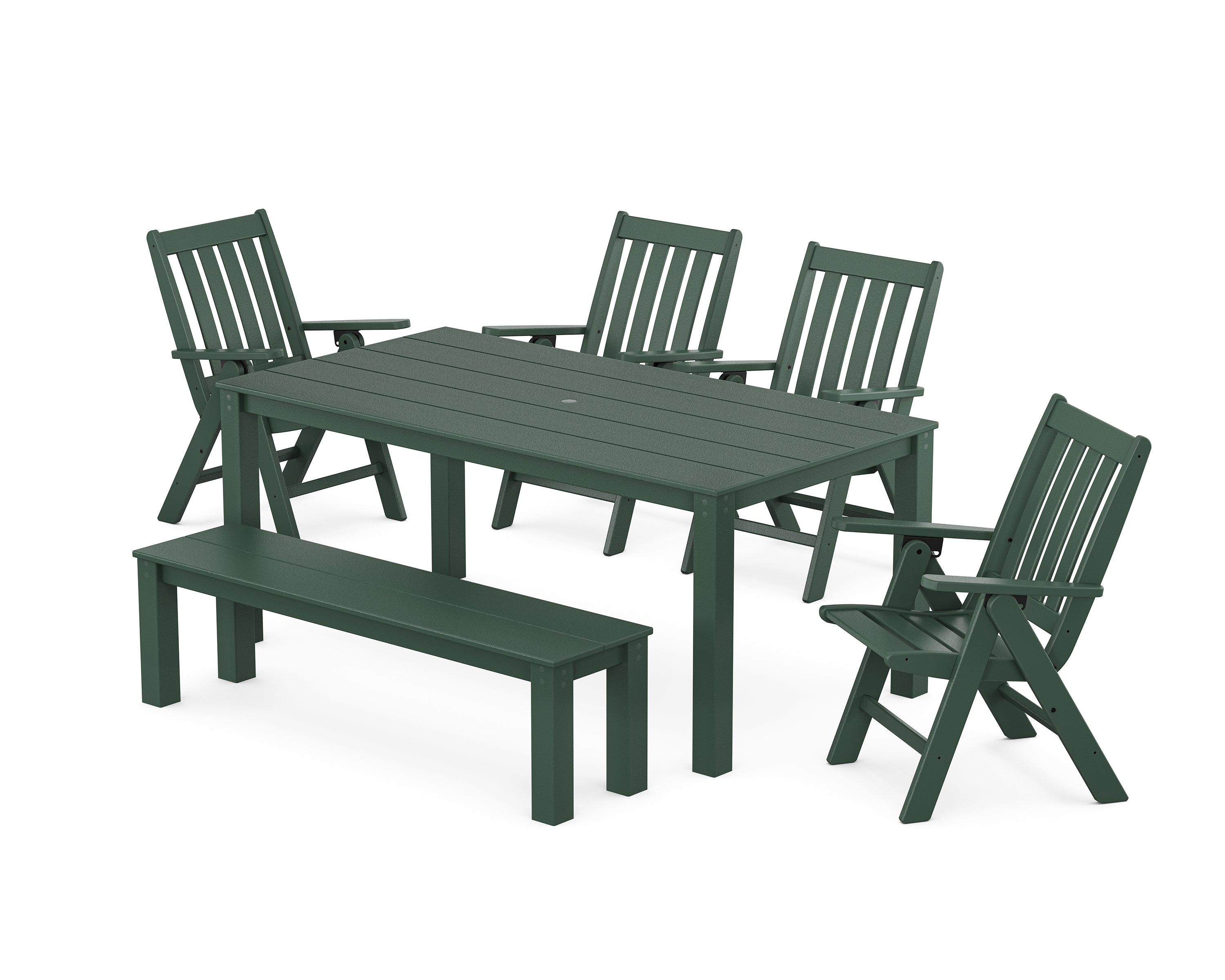 POLYWOOD Vineyard Folding Chair 6-Piece Parsons Dining Set with Bench in Green