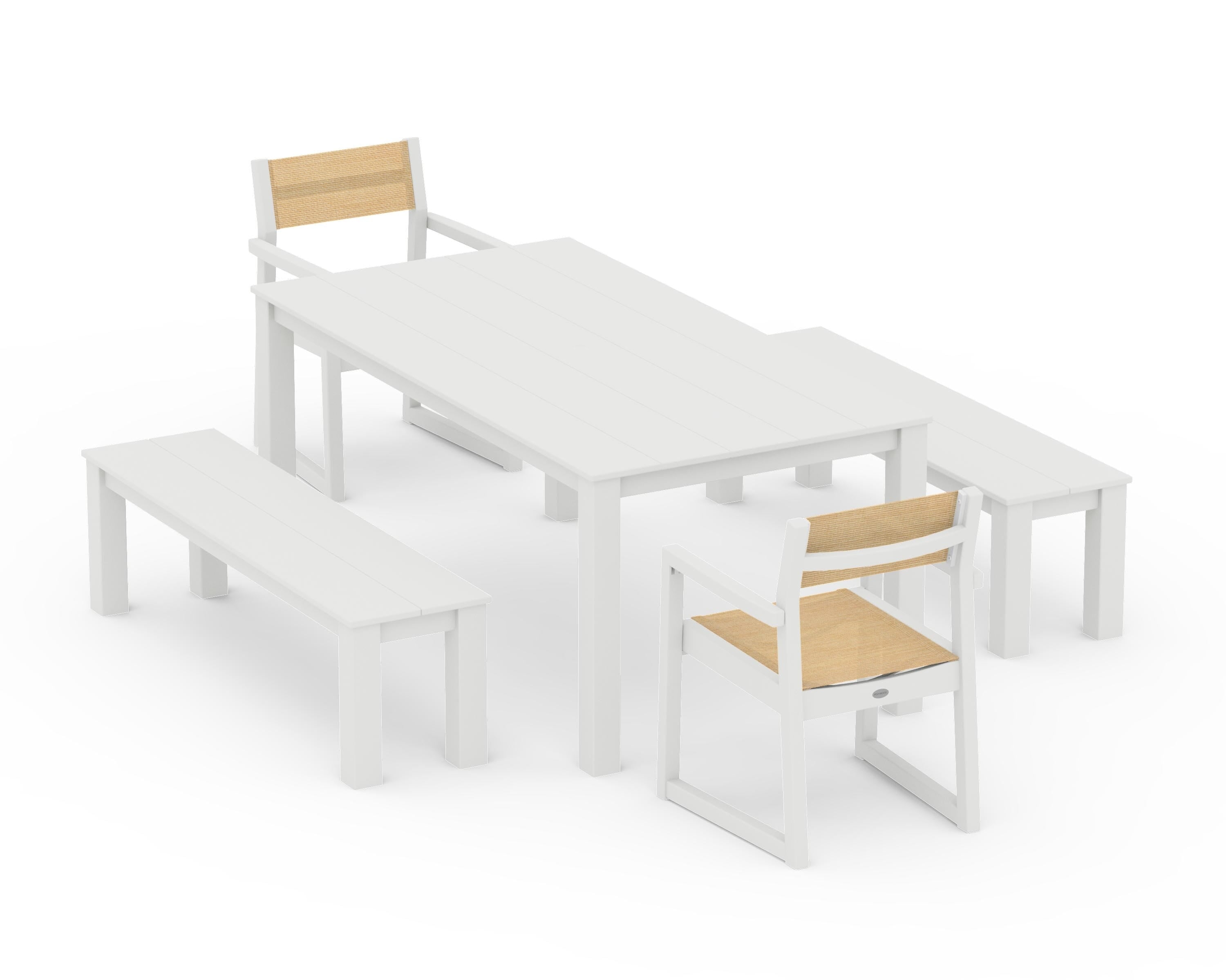 POLYWOOD EDGE Sling Arm Chair 5-Piece Parsons Dining Set with Benches in Vintage White / Dupioni Apricot Sling