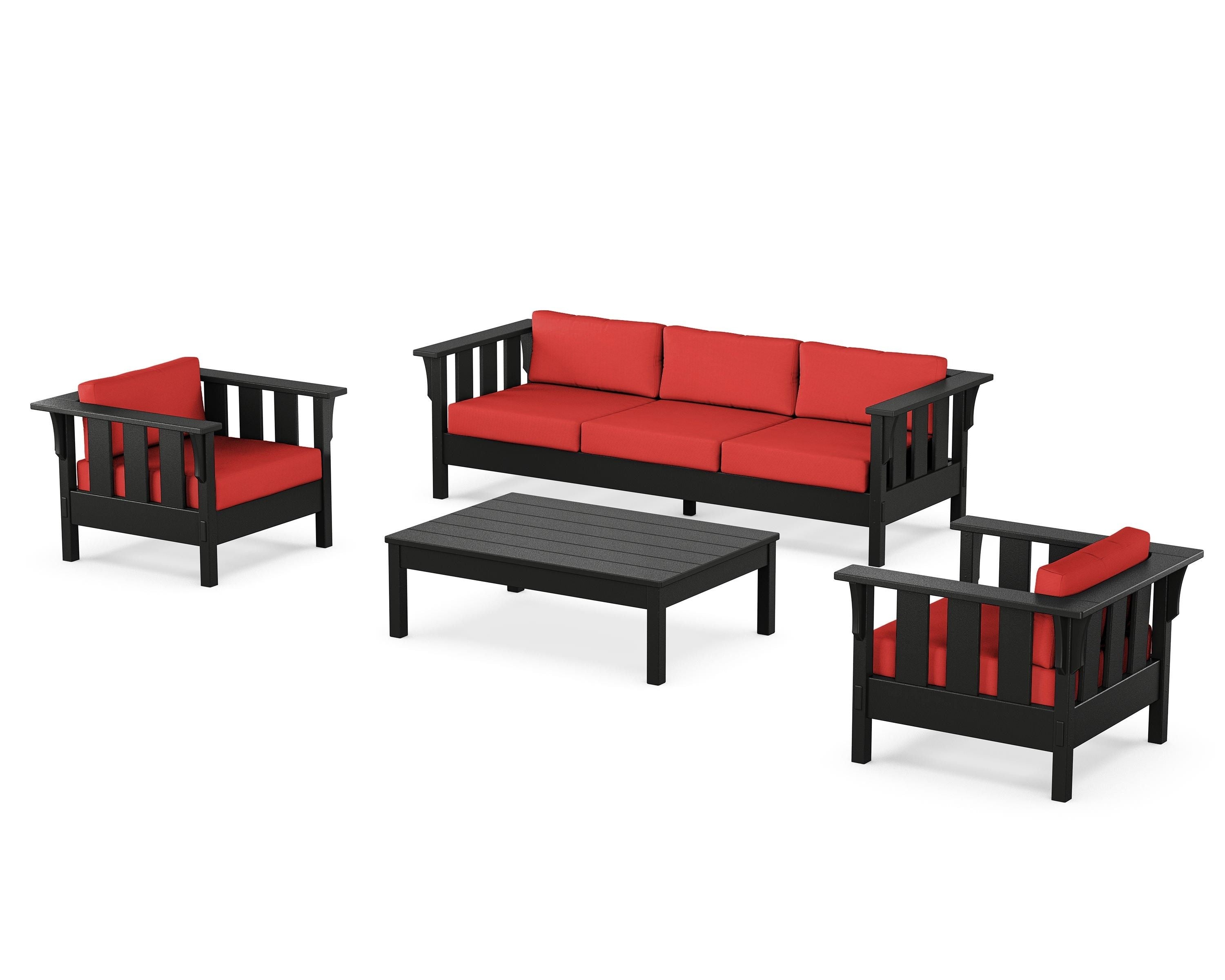 Martha Stewart by POLYWOOD Acadia 4-Piece Deep Seating Set with Sofa in Black / Crimson Linen
