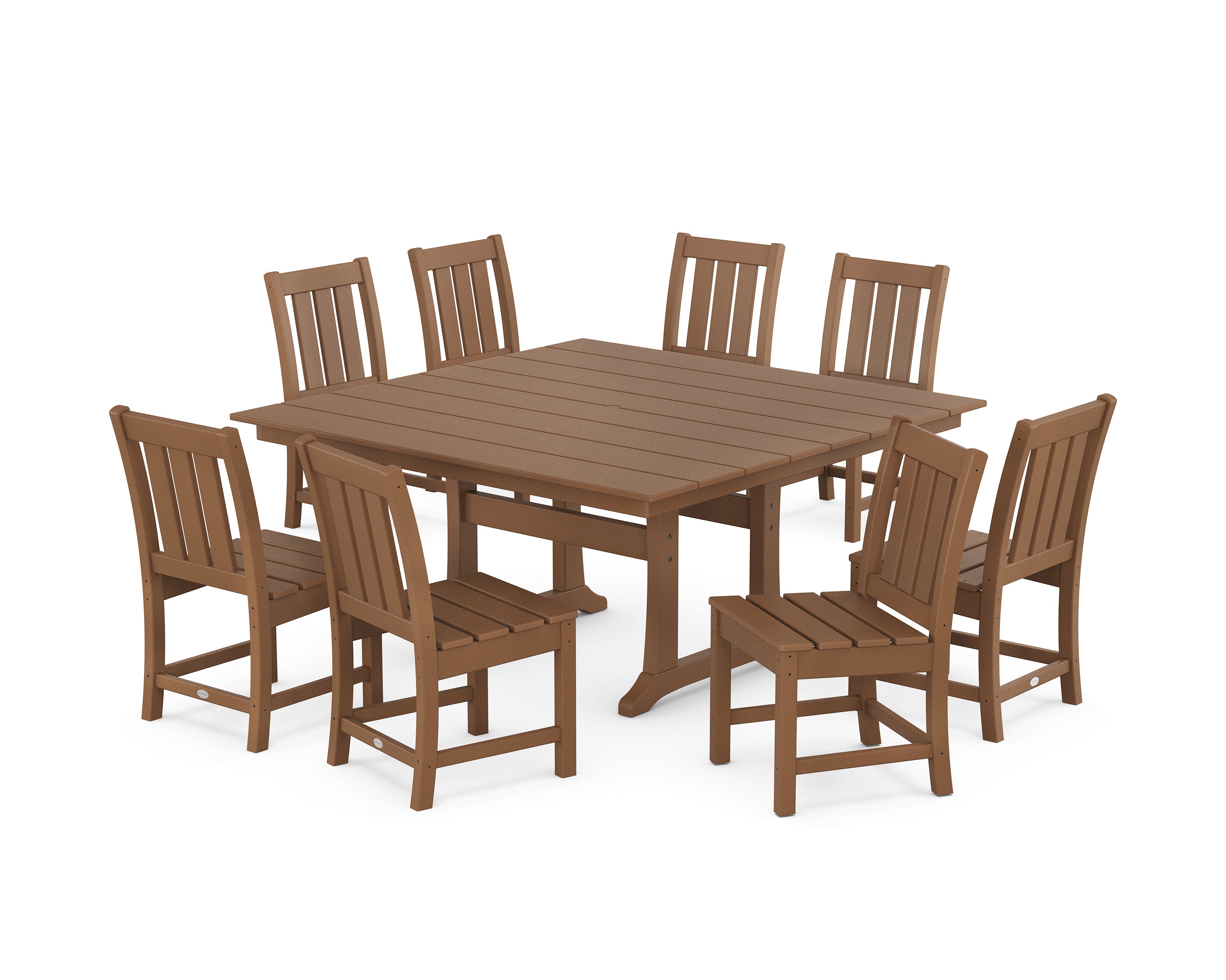 POLYWOOD Oxford Side Chair 9-Piece Square Farmhouse Dining Set with Trestle Legs in Teak