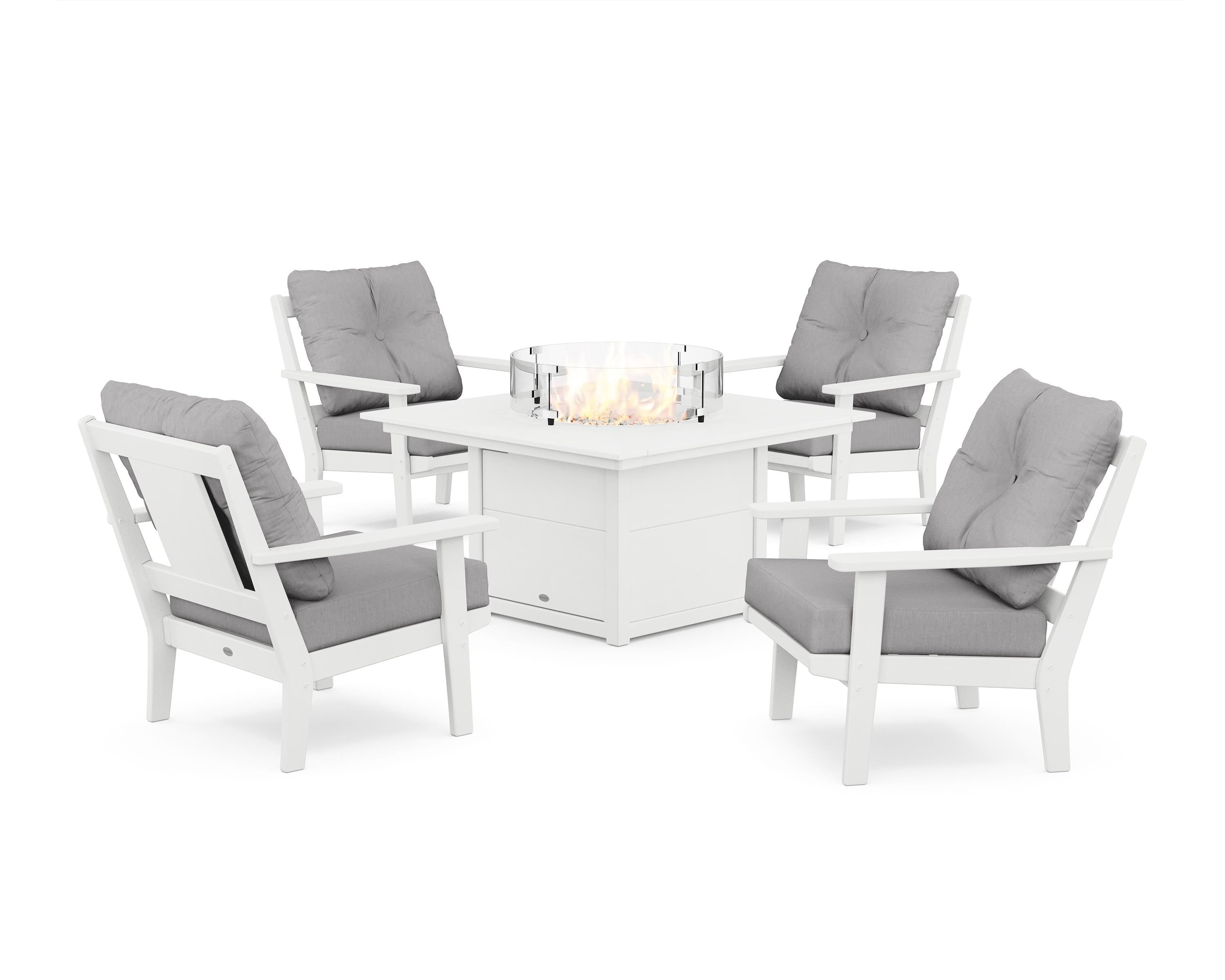 POLYWOOD Prairie 5-Piece Deep Seating Set with Fire Pit Table in White / Granite