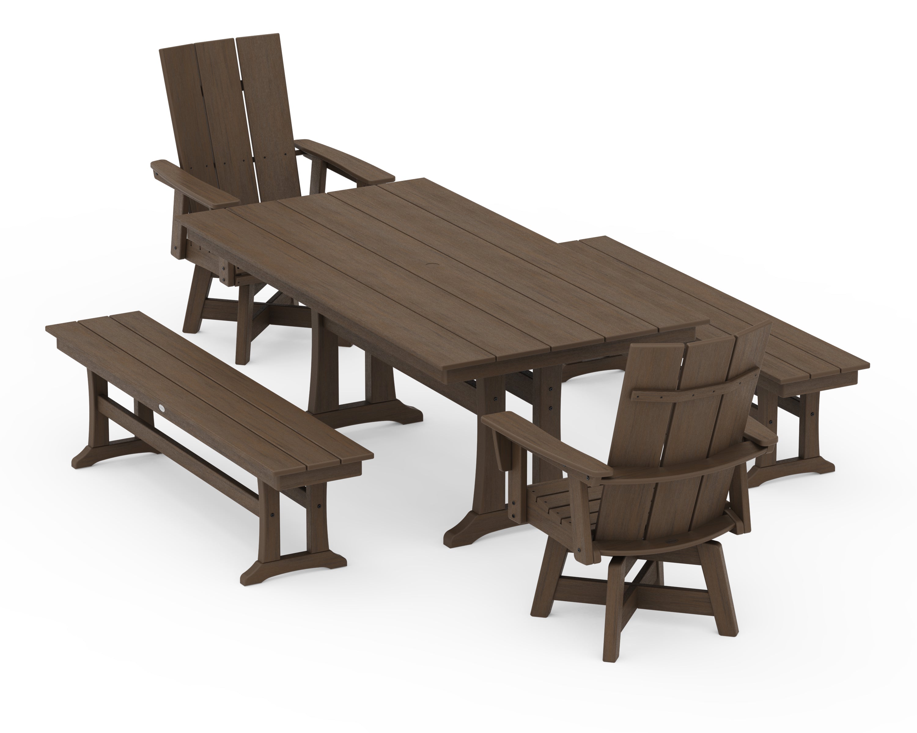 POLYWOOD Modern Curveback Adirondack Swivel Chair 5-Piece Farmhouse Dining Set With Trestle Legs and Benches in Kona