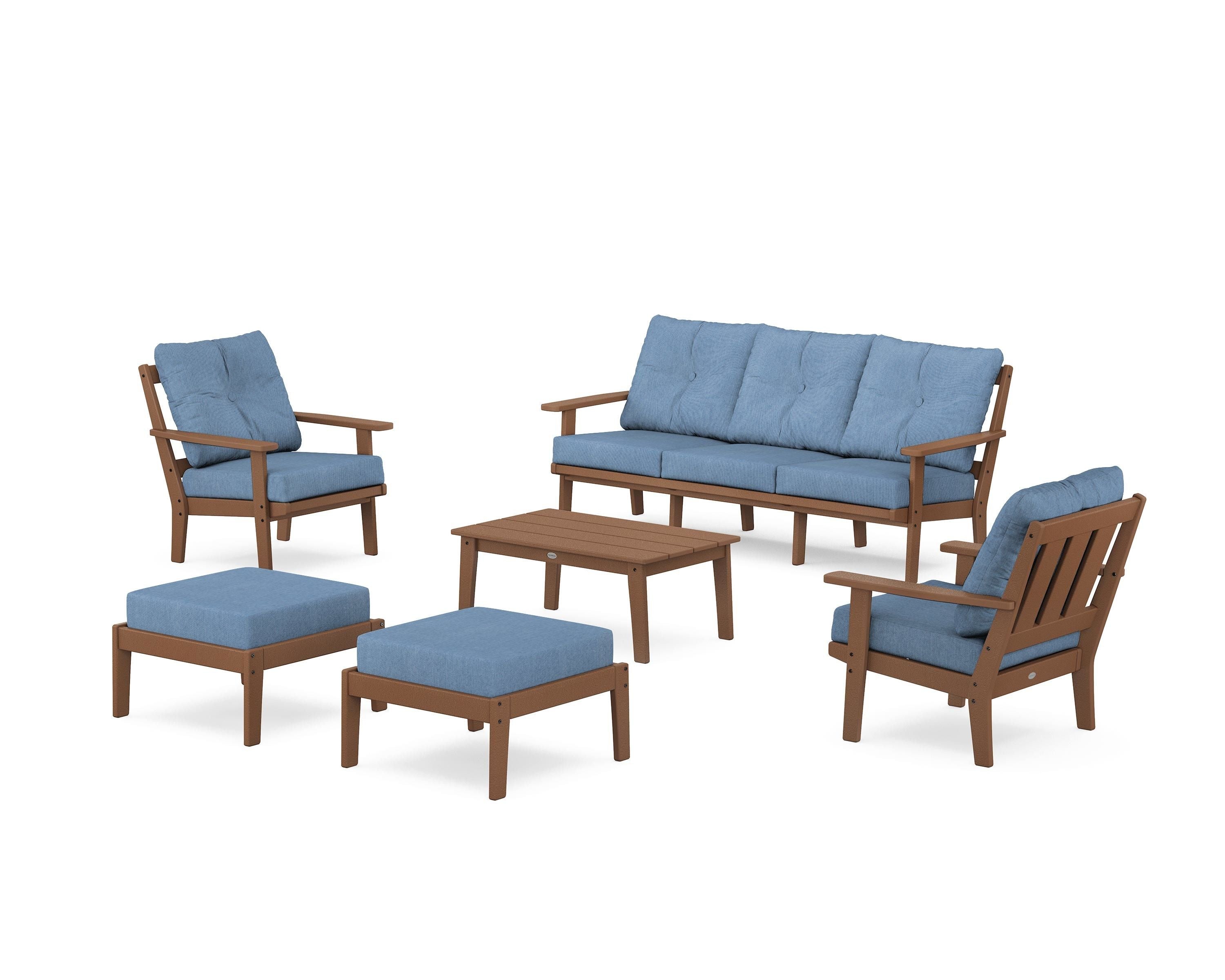 POLYWOOD Oxford 6-Piece Lounge Sofa Set in Teak / Sky Blue