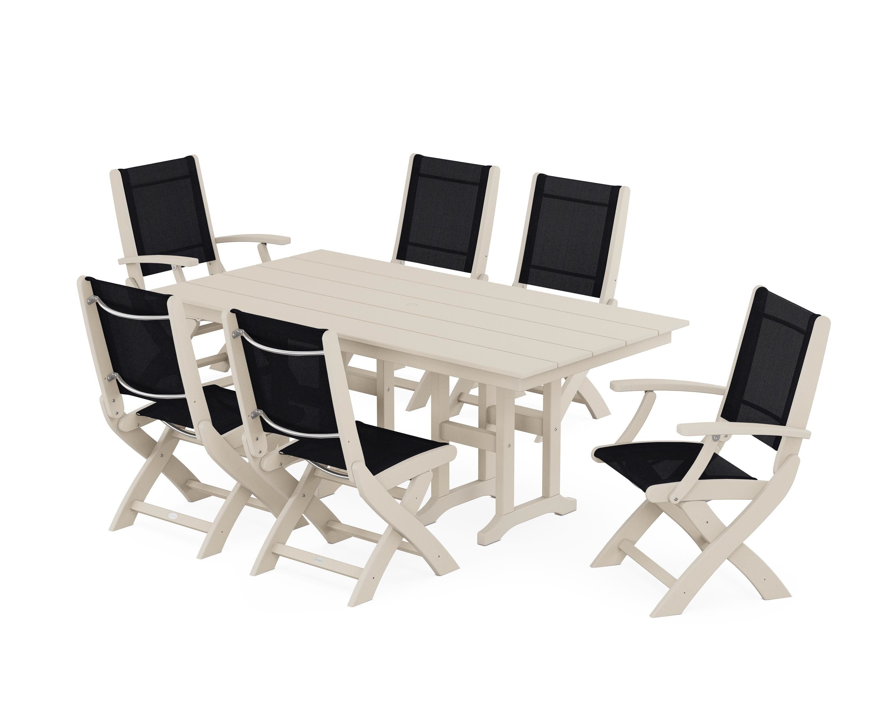 POLYWOOD Coastal Folding Chair 7-Piece Farmhouse Dining Set in Sand / Black Sling
