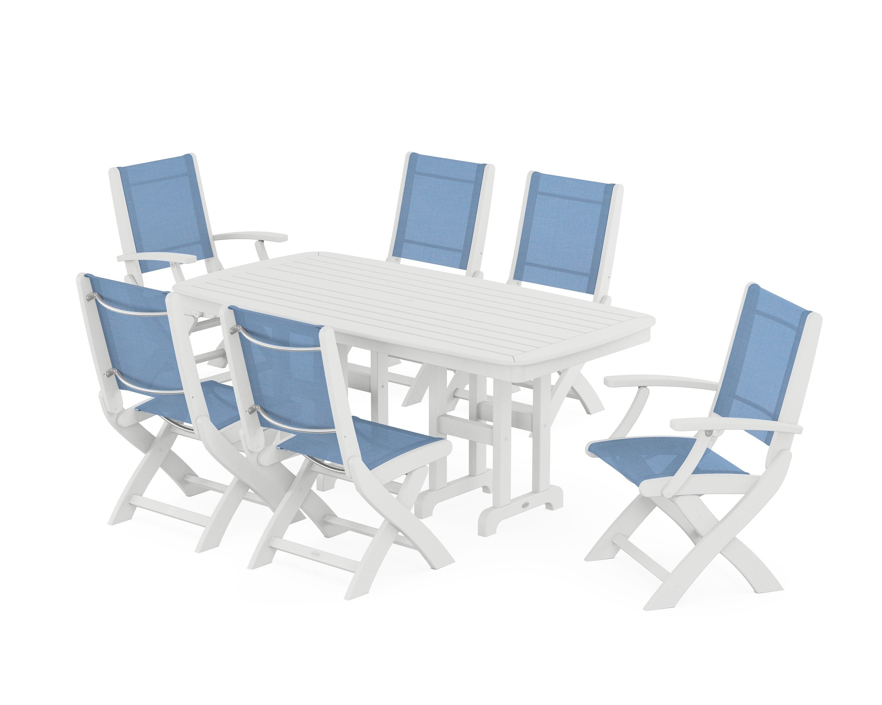 POLYWOOD Coastal Folding Chair 7-Piece Dining Set in White / Poolside Sling