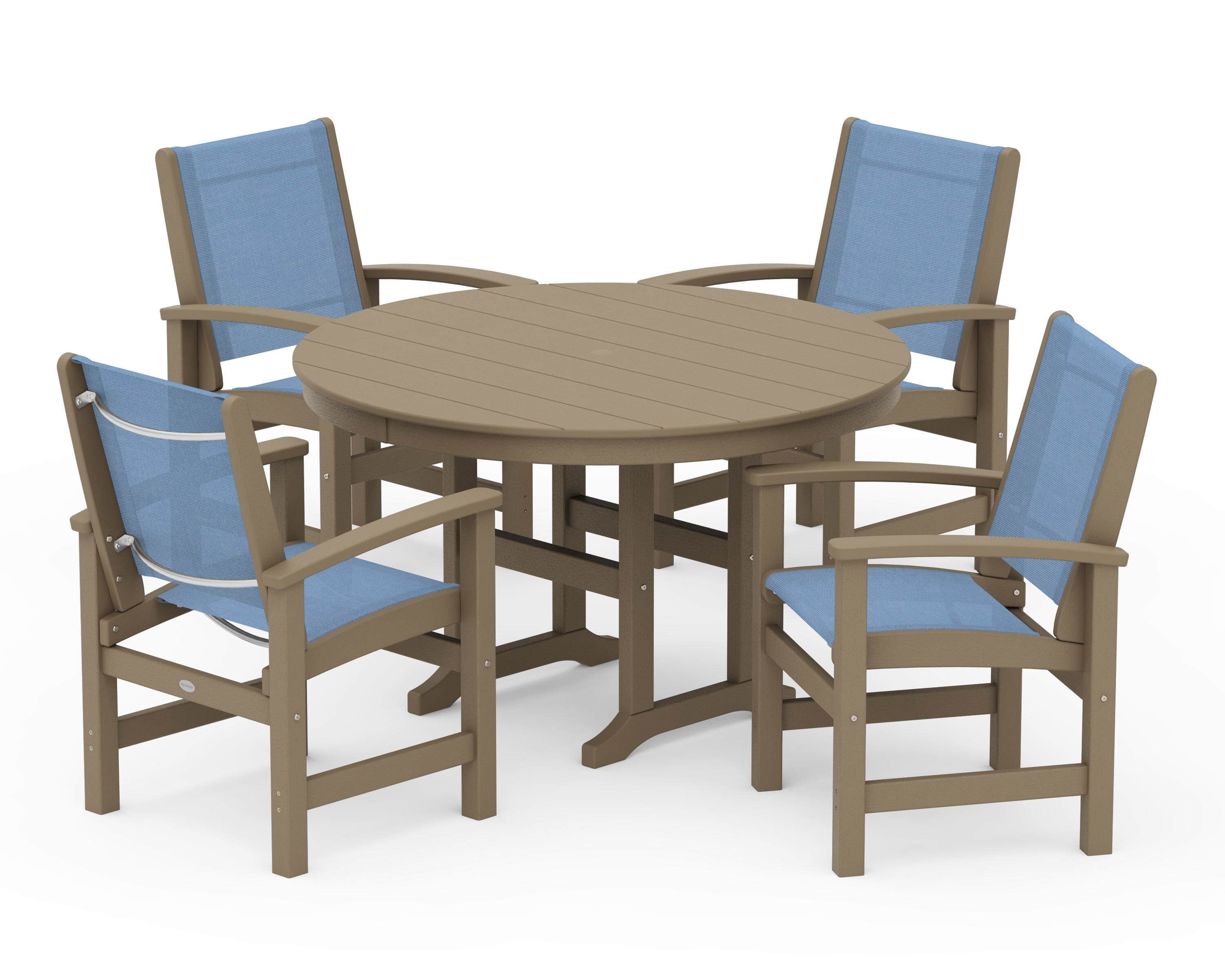 POLYWOOD Coastal 5-Piece Round Farmhouse Dining Set in Vintage Sahara / Poolside Sling
