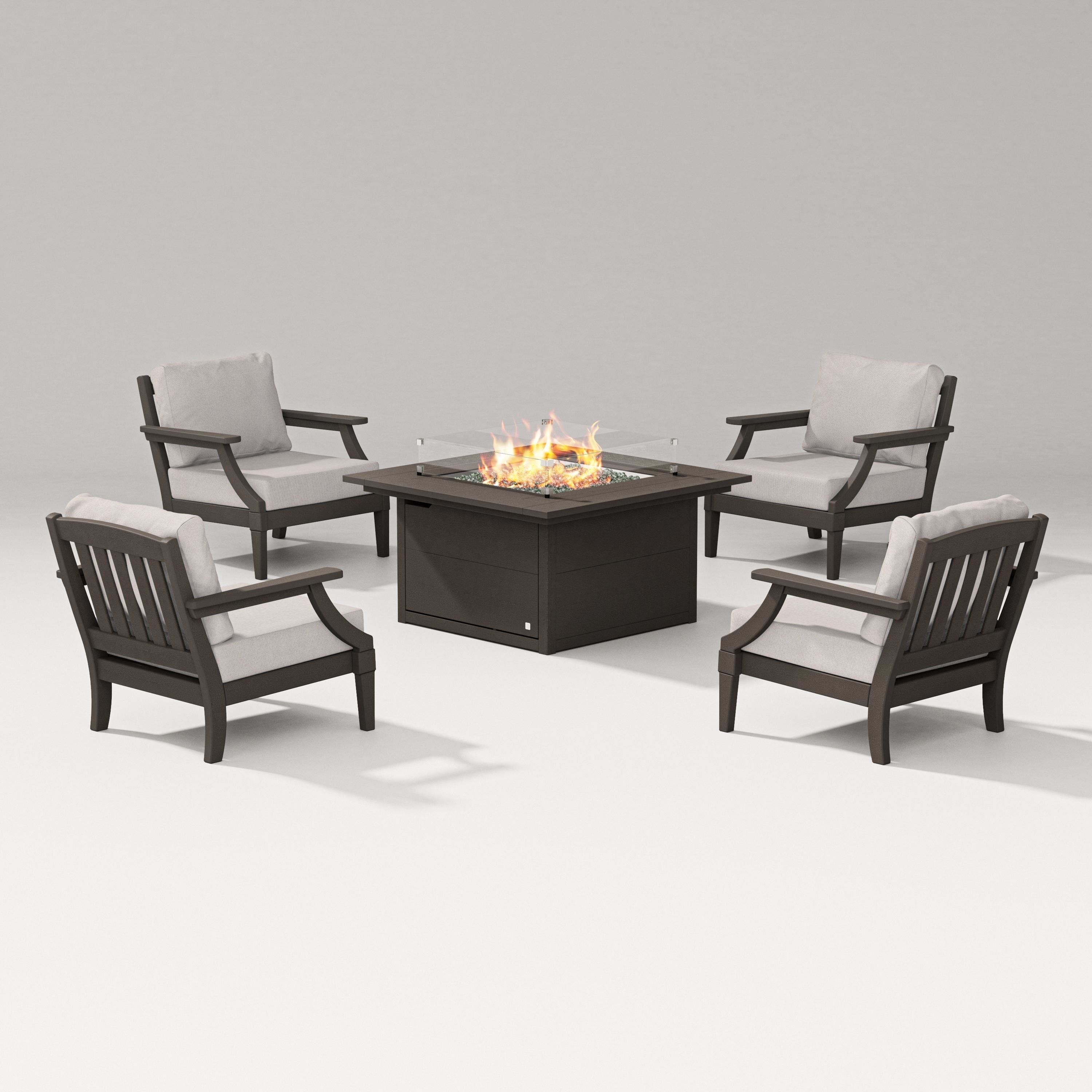 PW Designer Series Estate 5-Piece Lounge Fire Table Set in Vintage Coffee / Dune Burlap