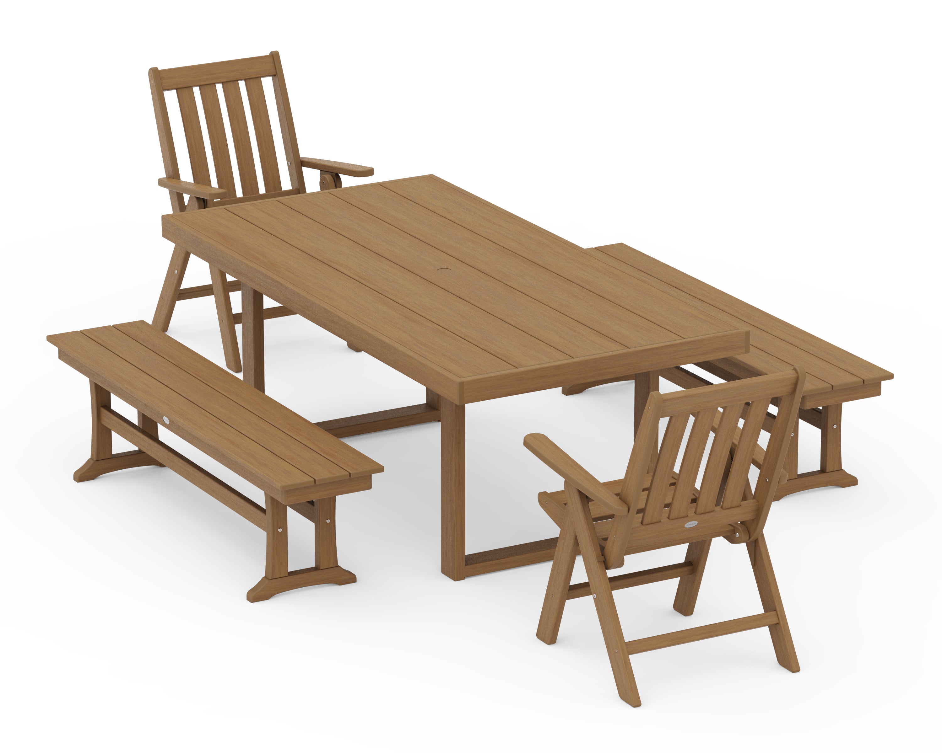 POLYWOOD Vineyard Folding Chair 5-Piece Dining Set with Benches in Natural