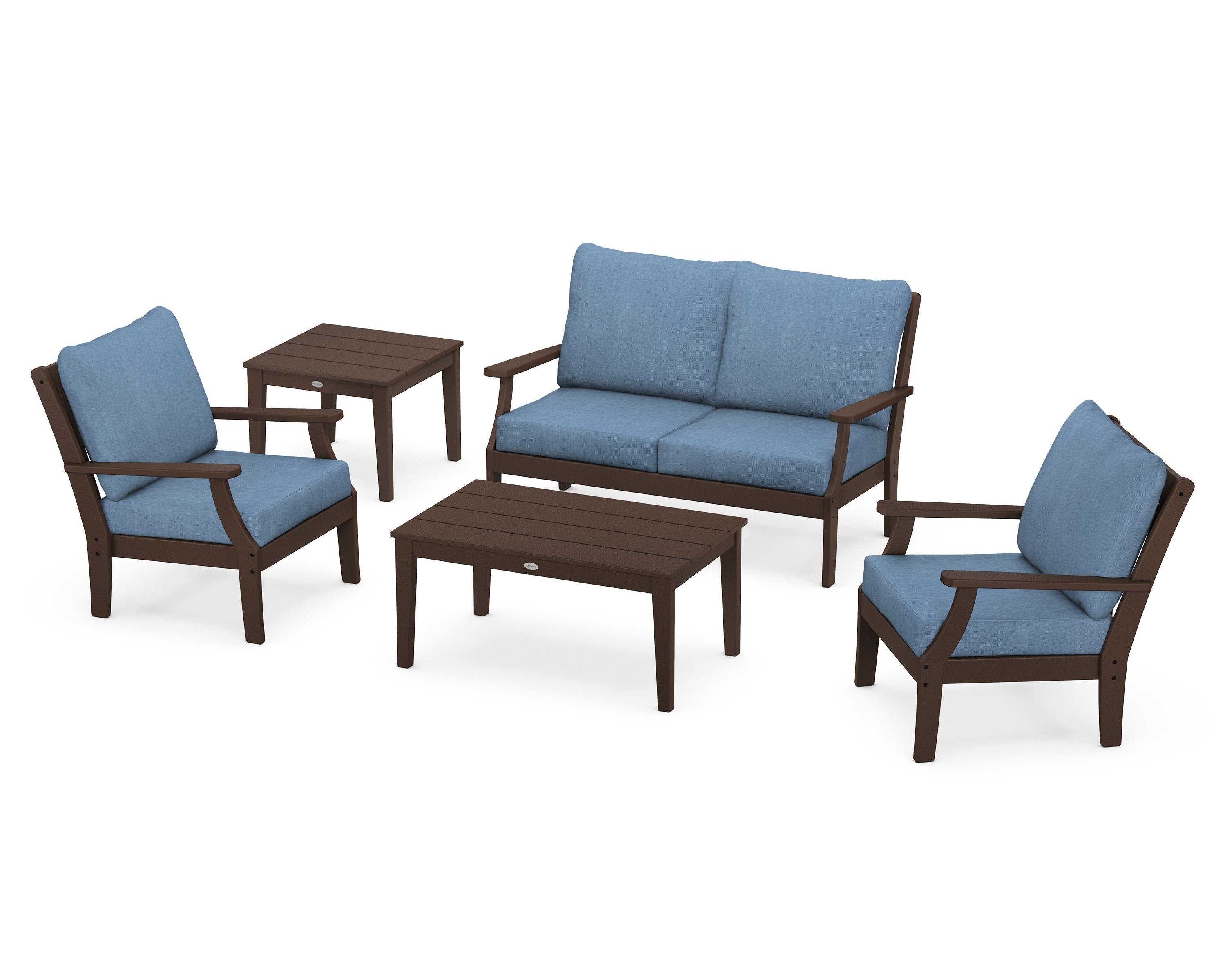 POLYWOOD Braxton 5-Piece Deep Seating Set in Mahogany / Sky Blue