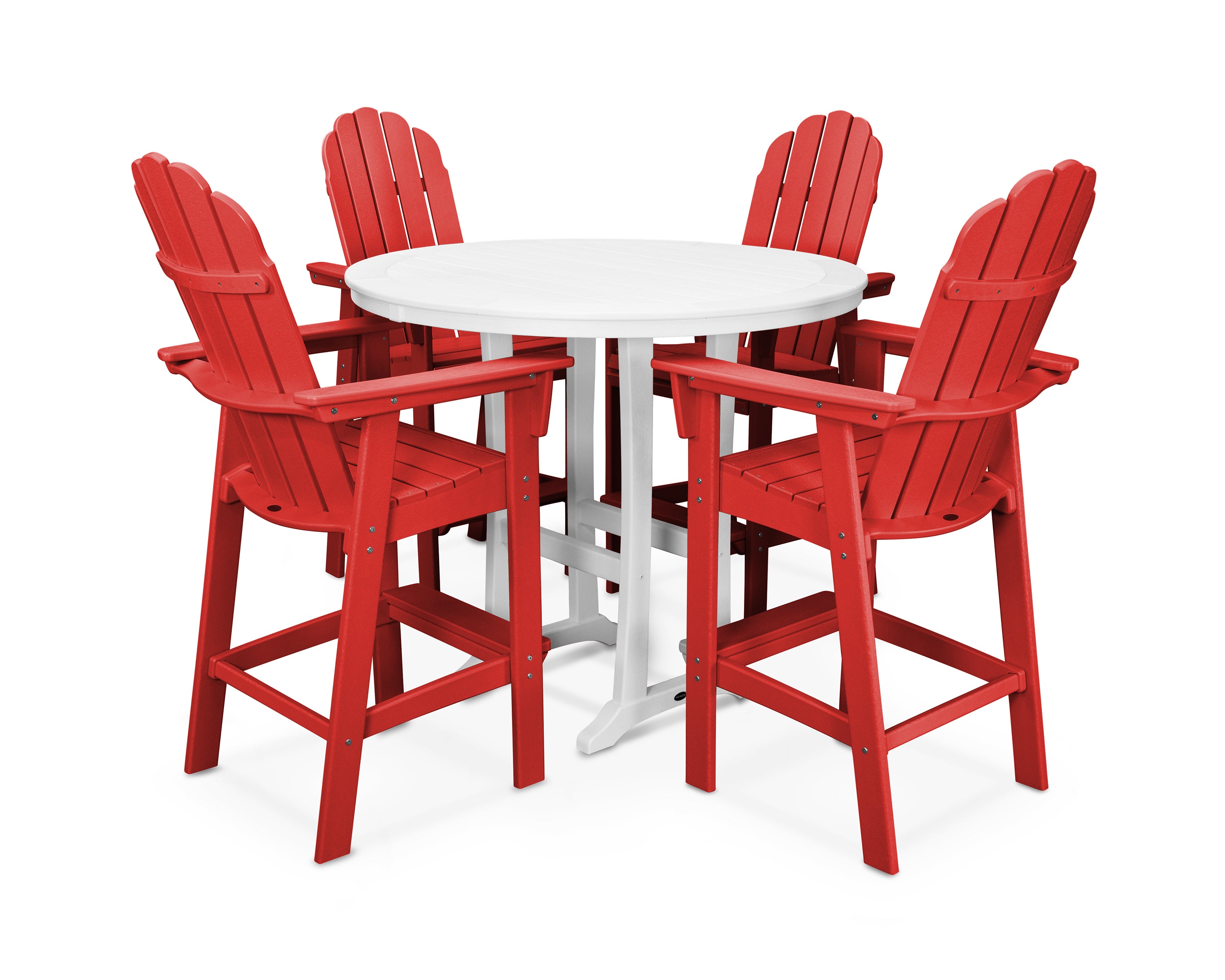 POLYWOOD® Vineyard Curveback Adirondack 5-Piece Nautical Trestle Bar Set in Sunset Red / White