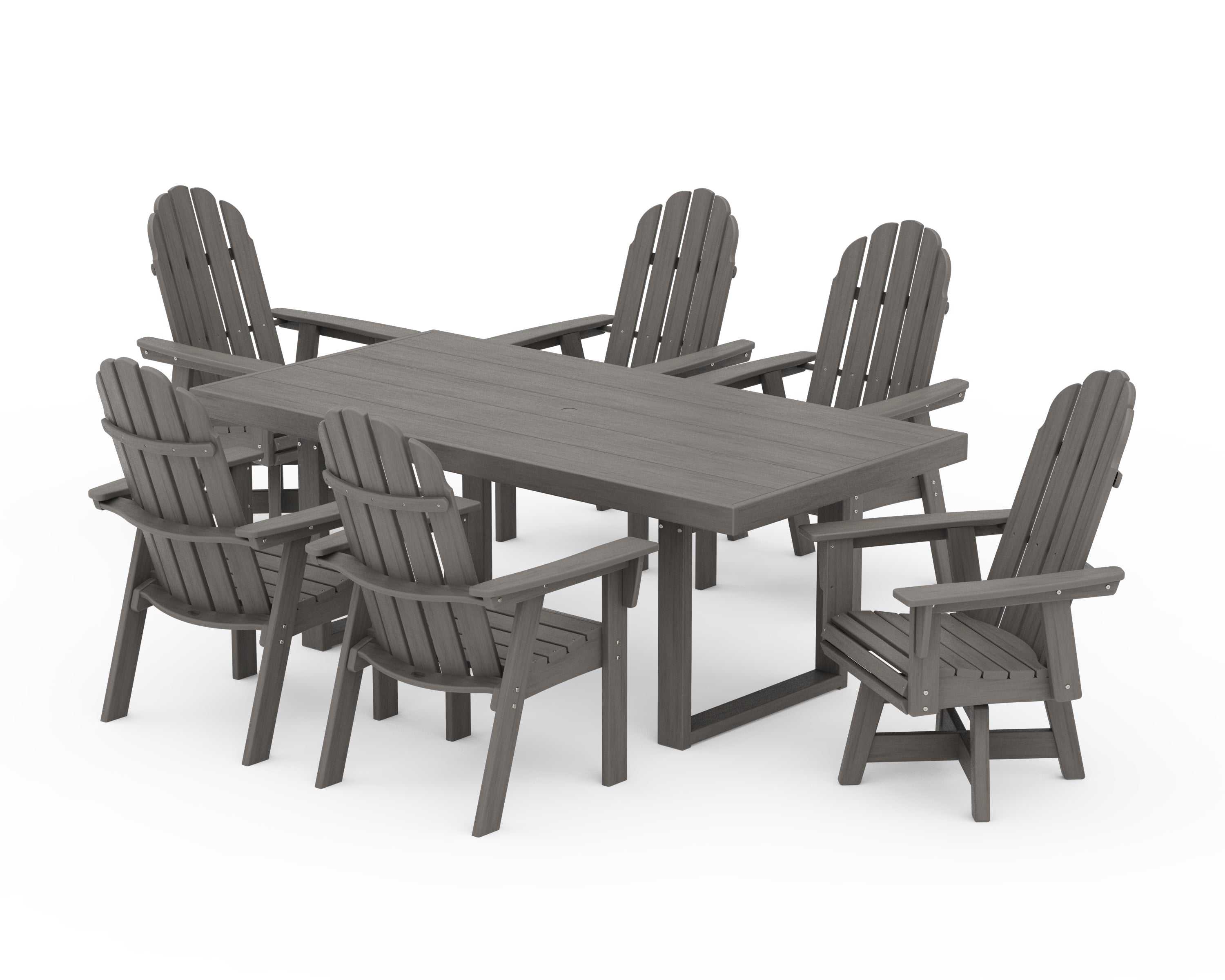 POLYWOOD Vineyard Curveback Adirondack Swivel Chair 7-Piece Dining Set in Driftwood