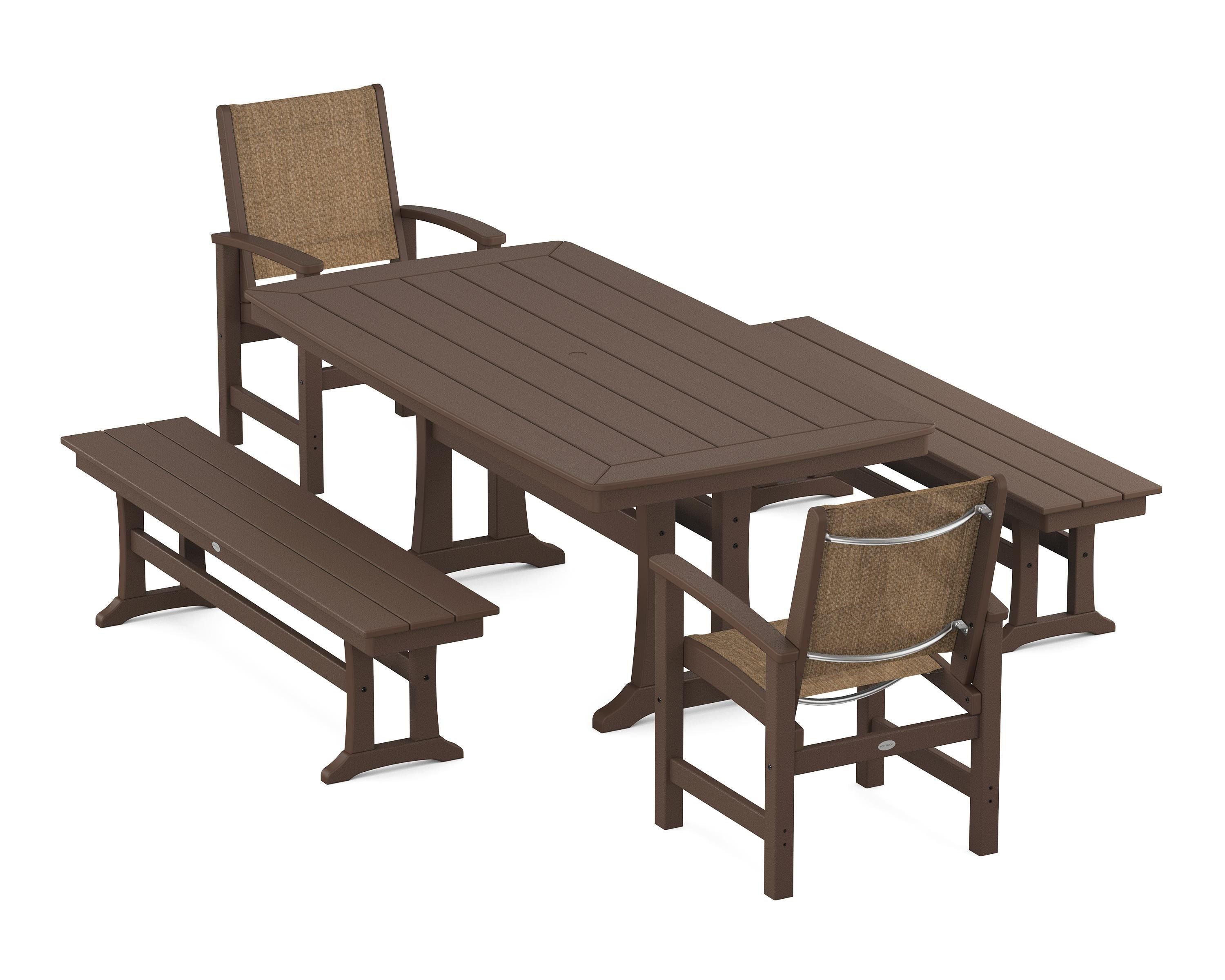 POLYWOOD Coastal 5-Piece Dining Set with Trestle Legs and Benches in Mahogany / Burlap Sling
