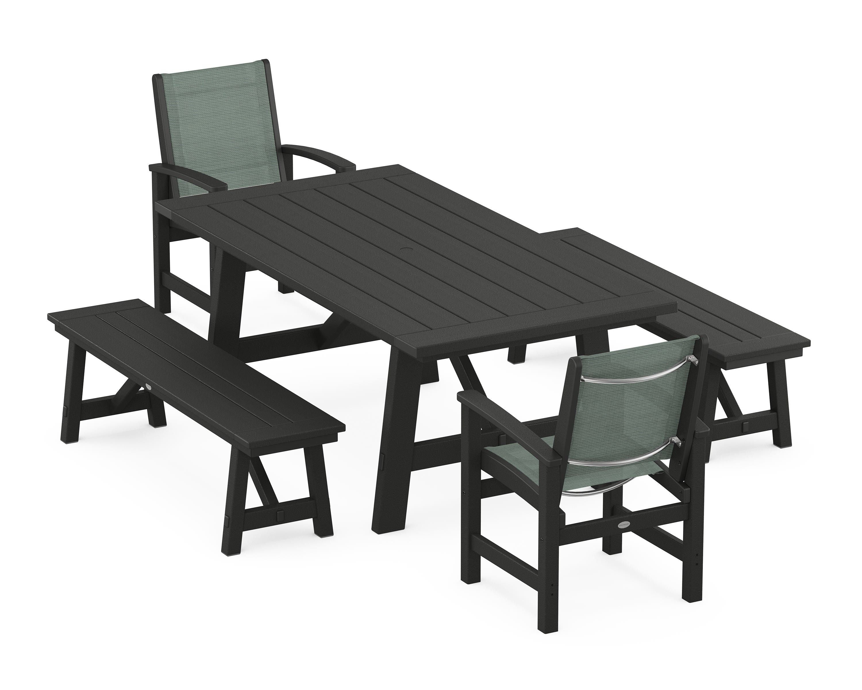 POLYWOOD Coastal 5-Piece Rustic Farmhouse Dining Set With Benches in Black / Dupioni Sea Mist Sling