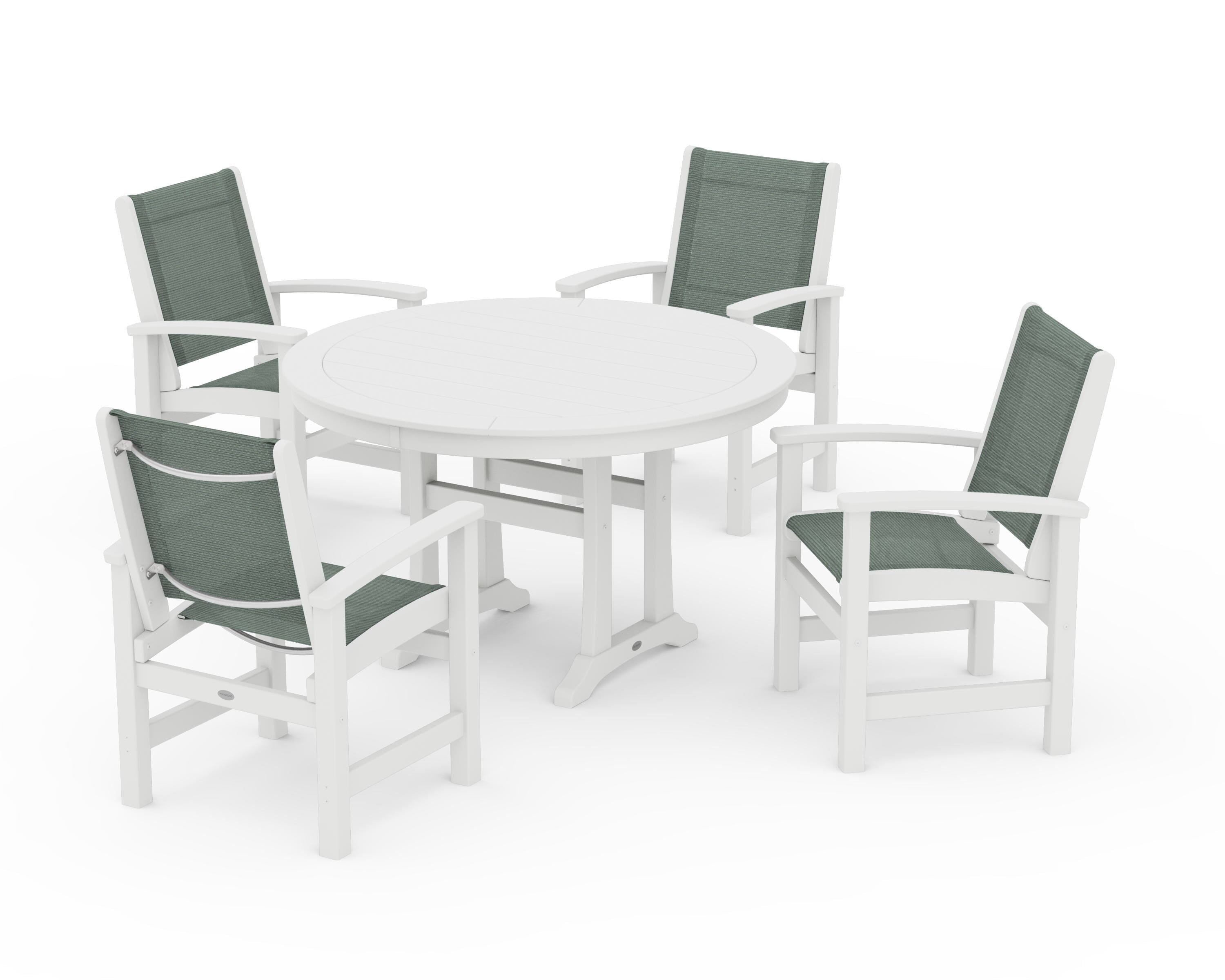 POLYWOOD Coastal 5-Piece Round Dining Set with Trestle Legs in White / Dupioni Sea Mist Sling