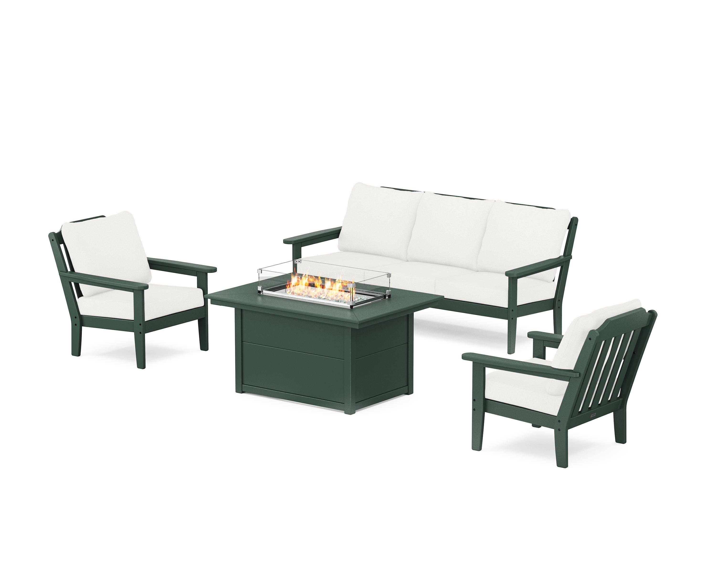 Country Living Cottage Deep Seating Fire Pit Table Set in Green / Natural Linen