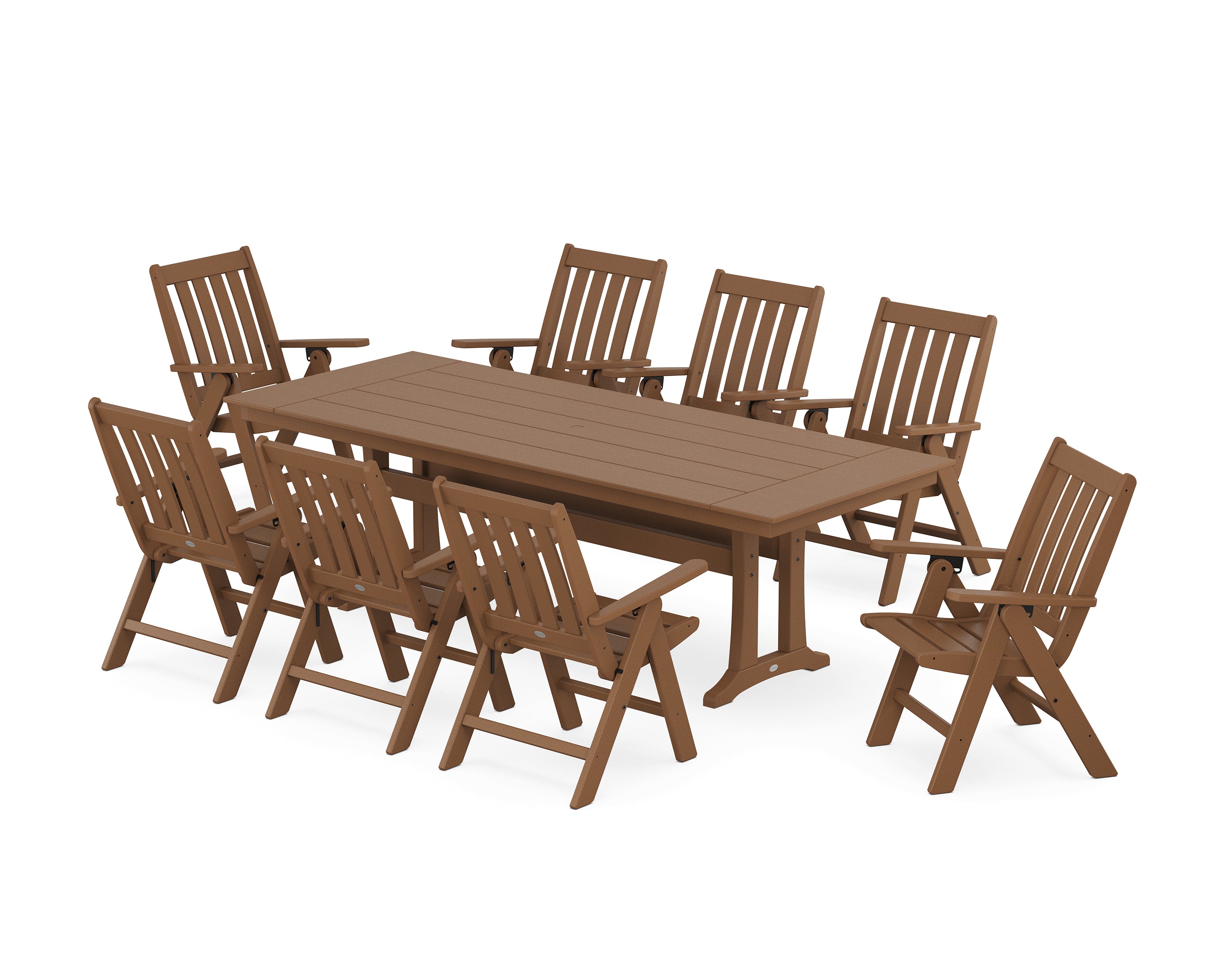 POLYWOOD® Vineyard Folding 9-Piece Farmhouse Dining Set with Trestle Legs in Teak