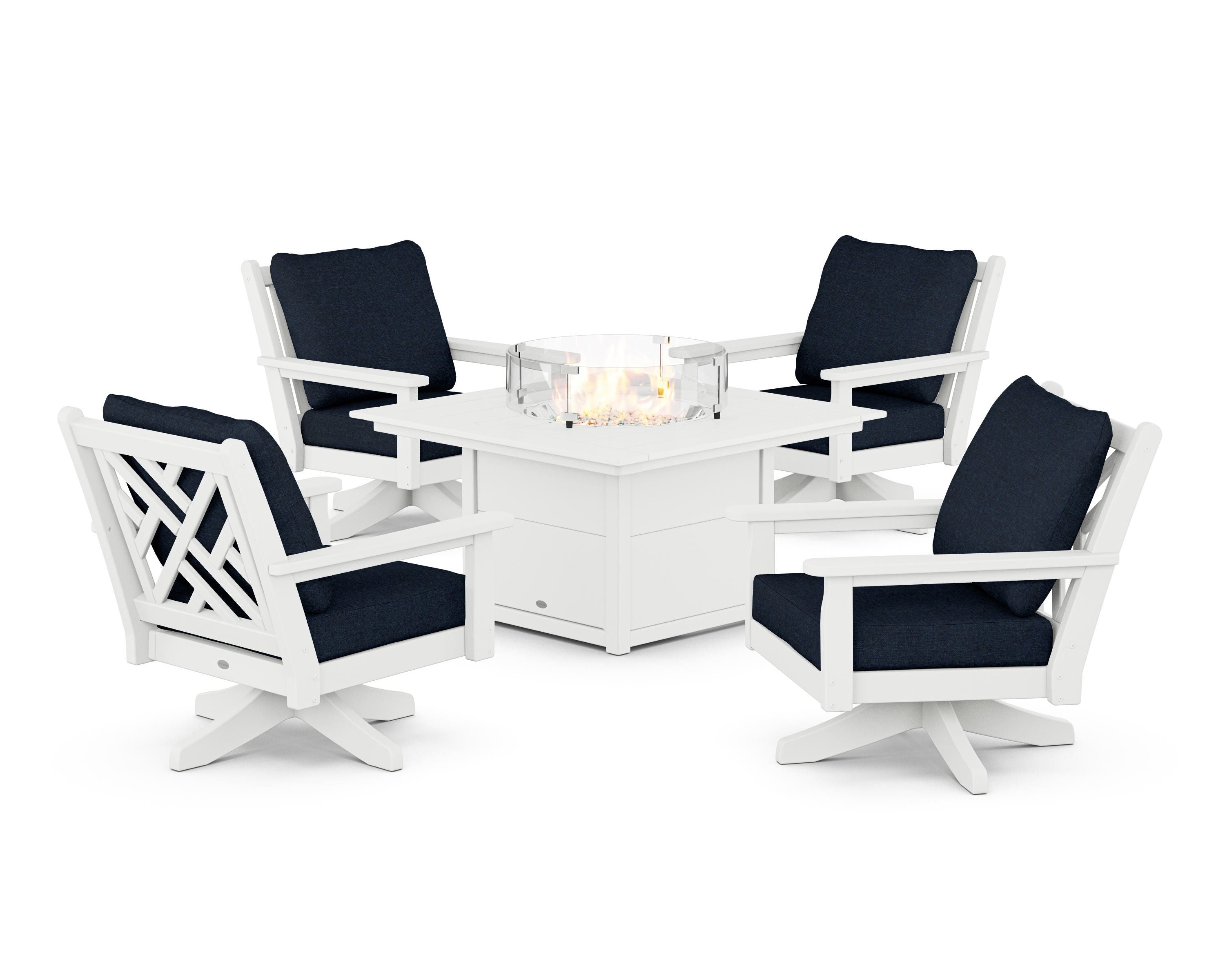 POLYWOOD Chippendale 5-Piece Deep Seating Swivel Conversation Set with Fire Pit Table in White / Marine Indigo