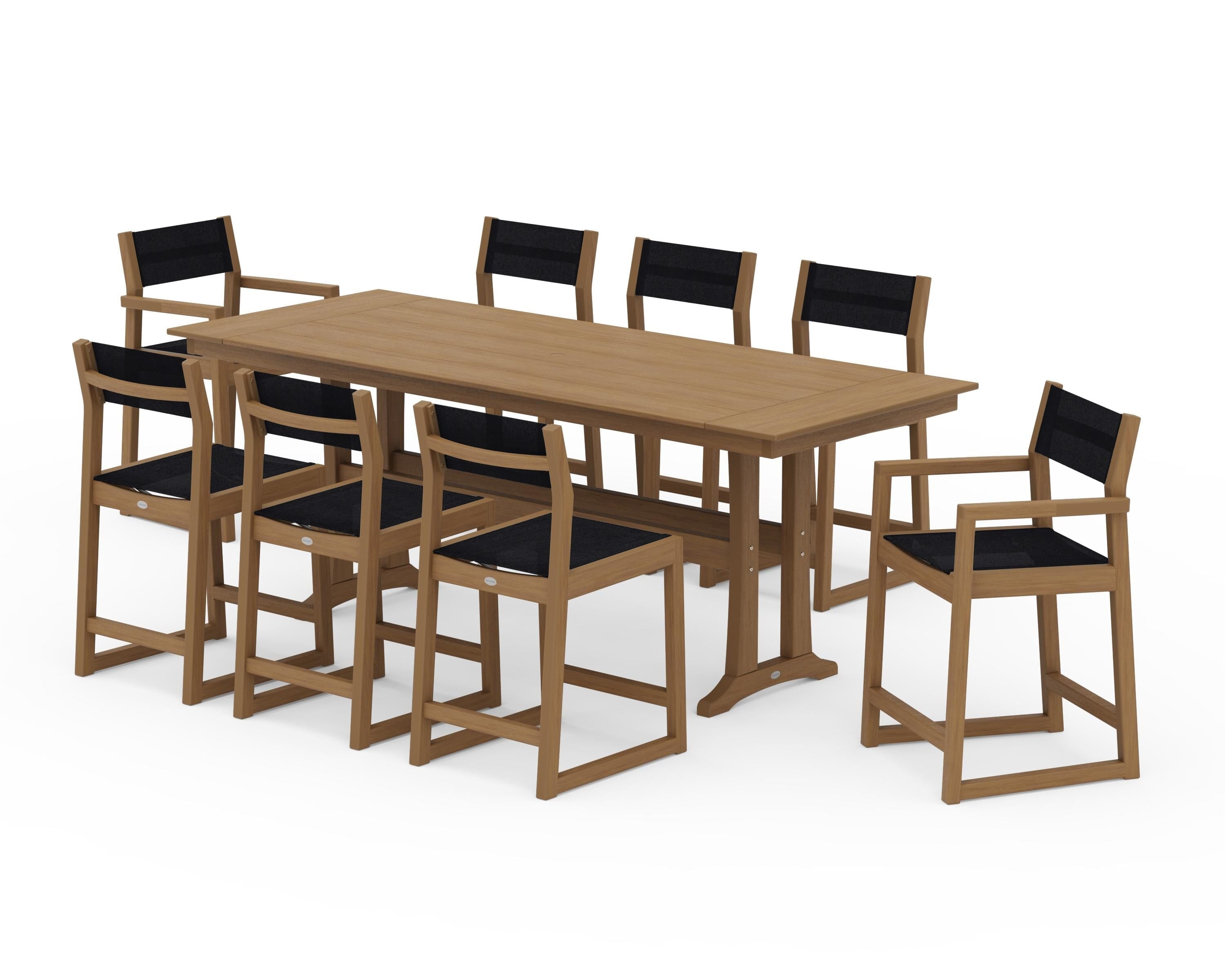 POLYWOOD EDGE Sling 9-Piece Farmhouse Counter Set with Trestle Legs in Natural / Black Sling