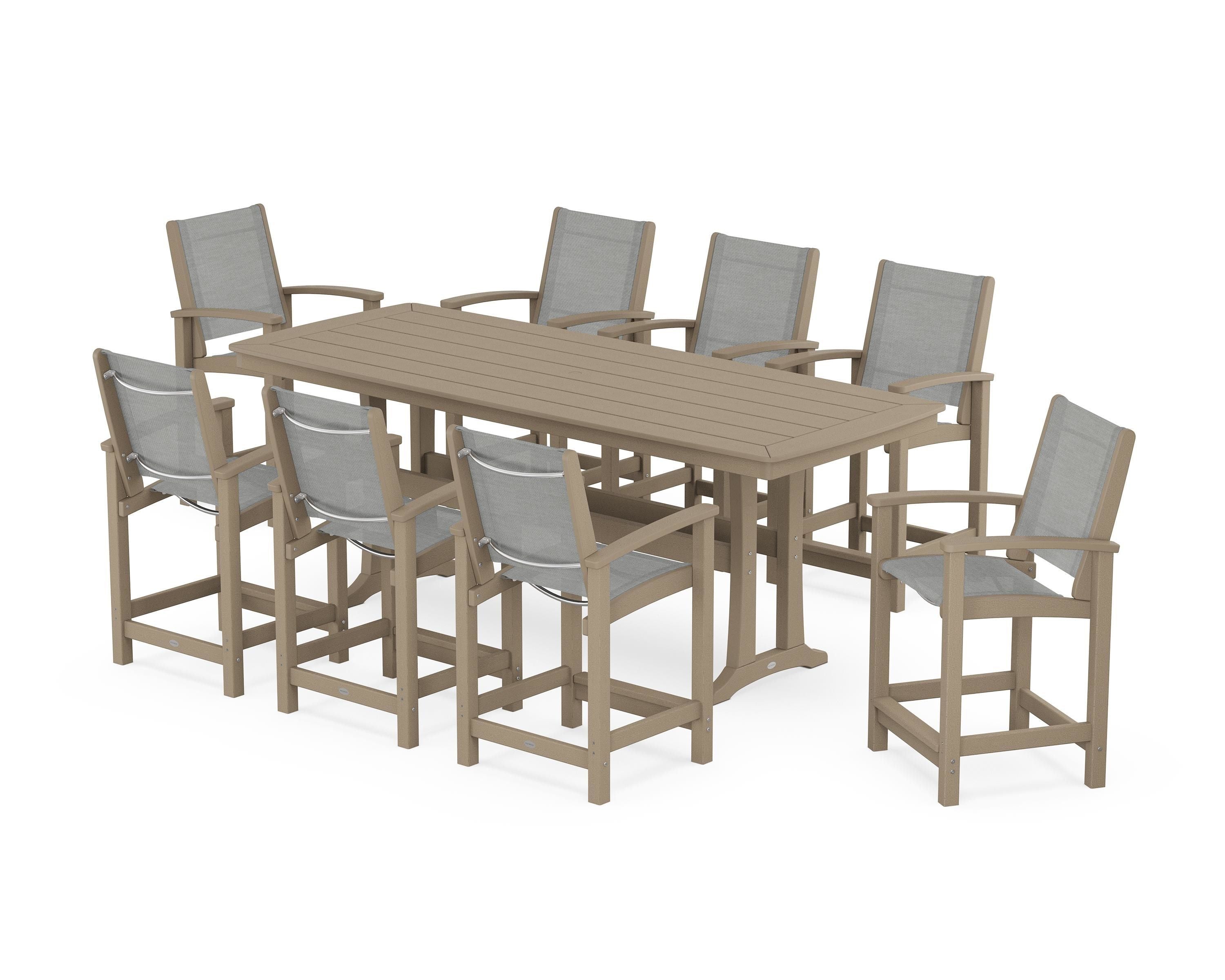 POLYWOOD Coastal 9-Piece Counter Set with Trestle Legs in Vintage Sahara / Metallic Sling