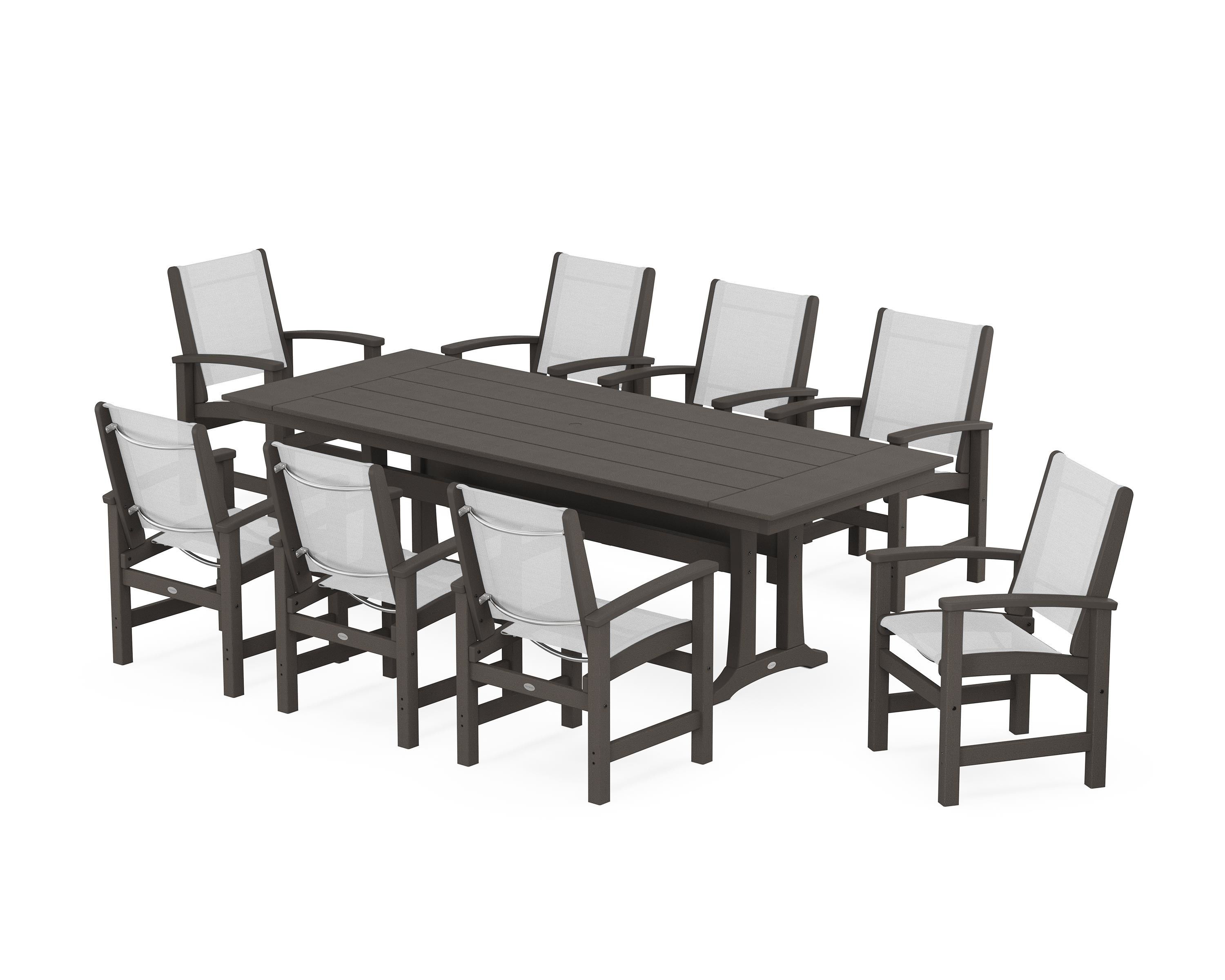 POLYWOOD Coastal 9-Piece Farmhouse Dining Set with Trestle Legs in Vintage Coffee / White Sling
