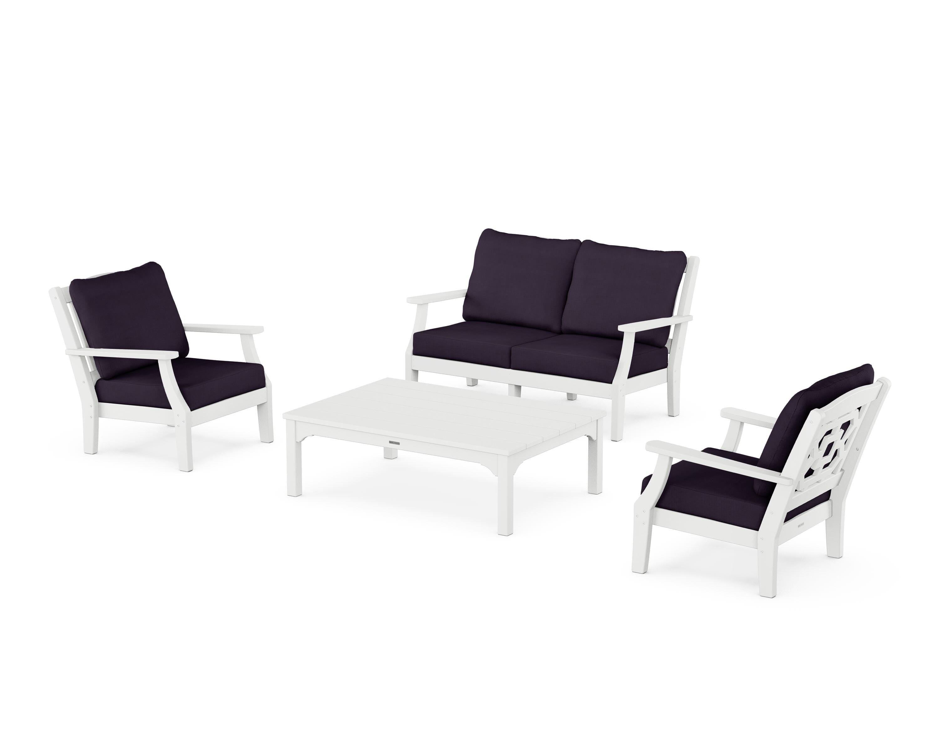 Martha Stewart by POLYWOOD Chinoiserie 4-Piece Deep Seating Set with Loveseat in White / Navy Linen