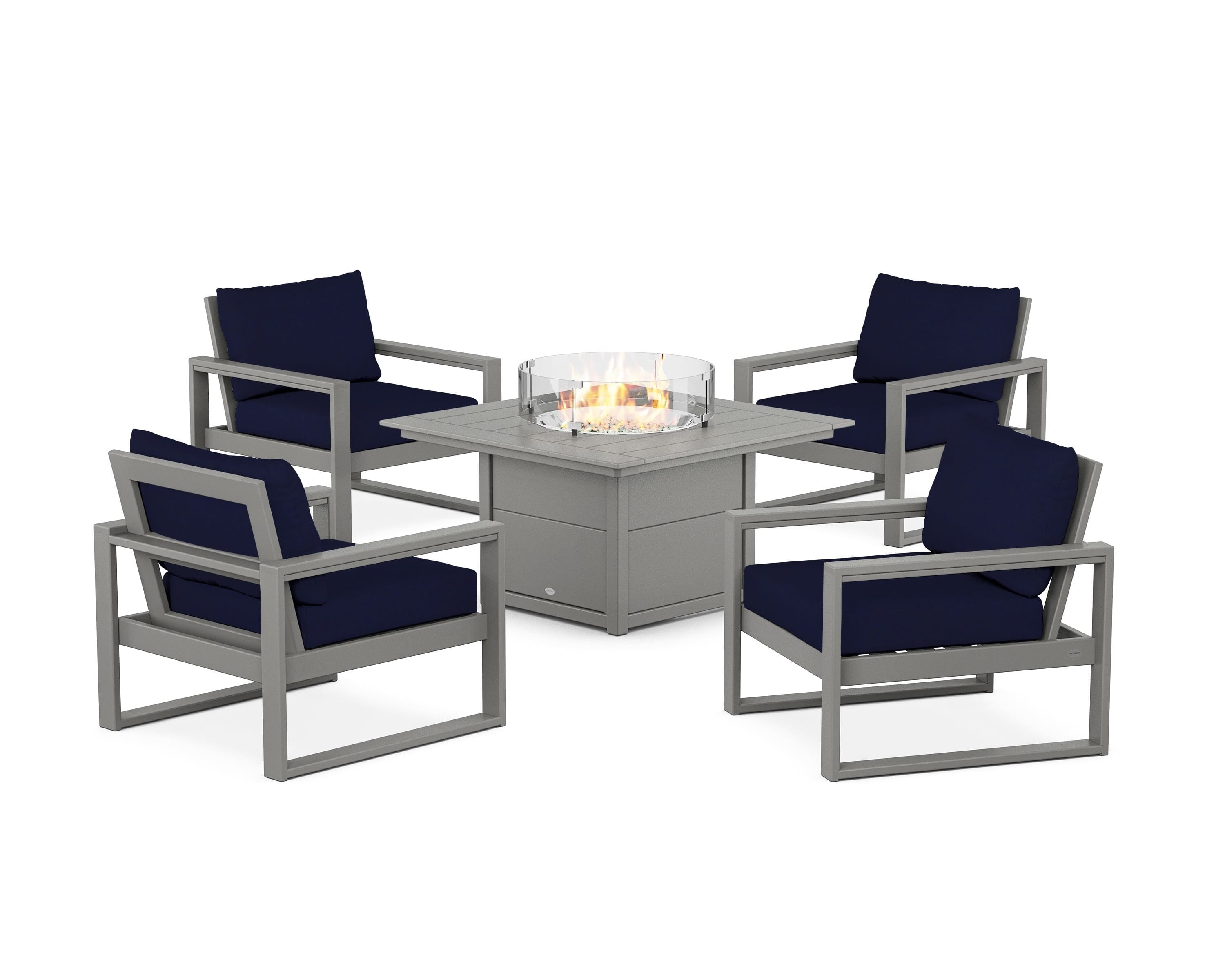 POLYWOOD EDGE Sectional 5-Piece Deep Seating Set with Fire Pit Table in Slate Grey / Navy