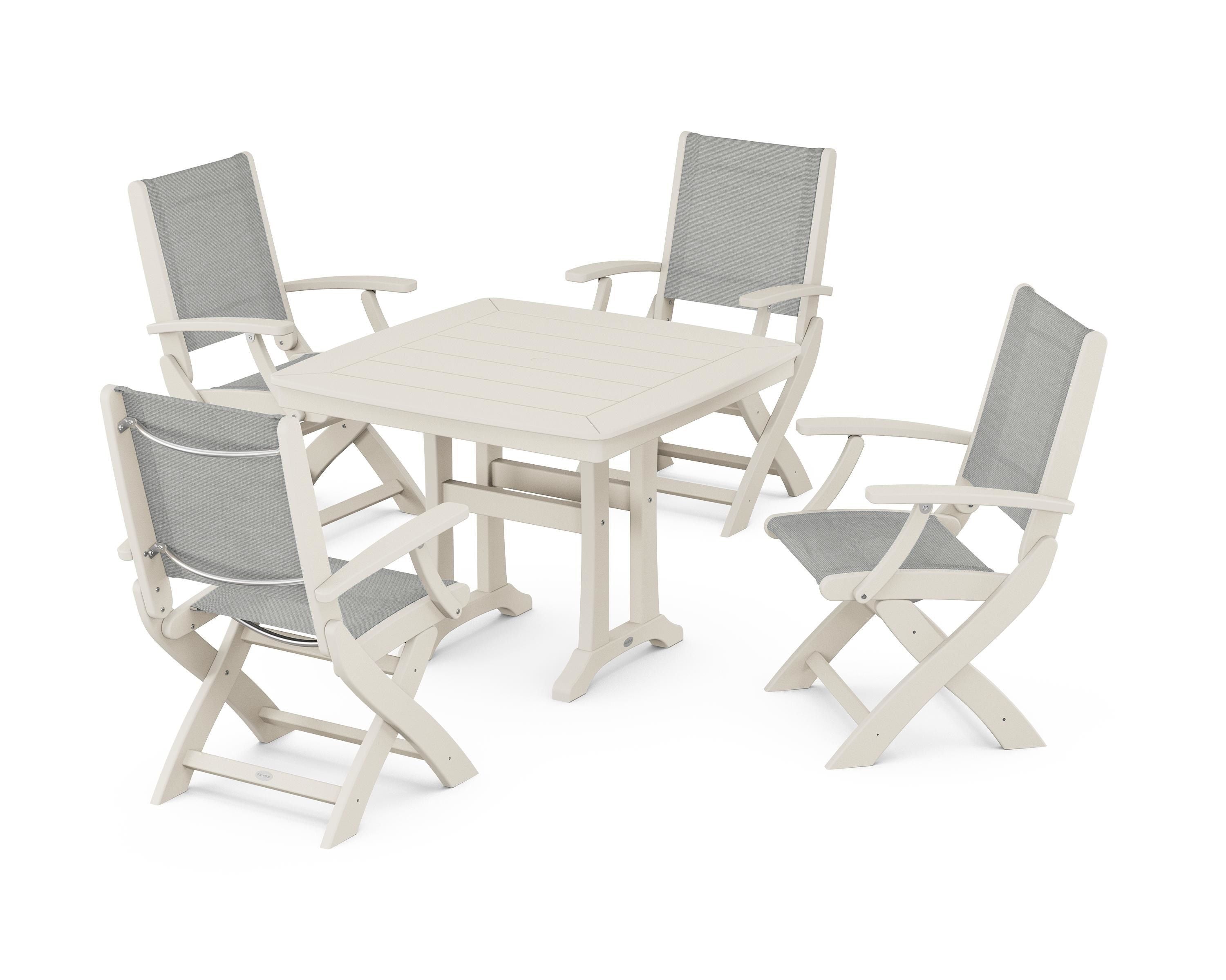 POLYWOOD Coastal Folding Chair 5-Piece Dining Set with Trestle Legs in Sand / Metallic Sling