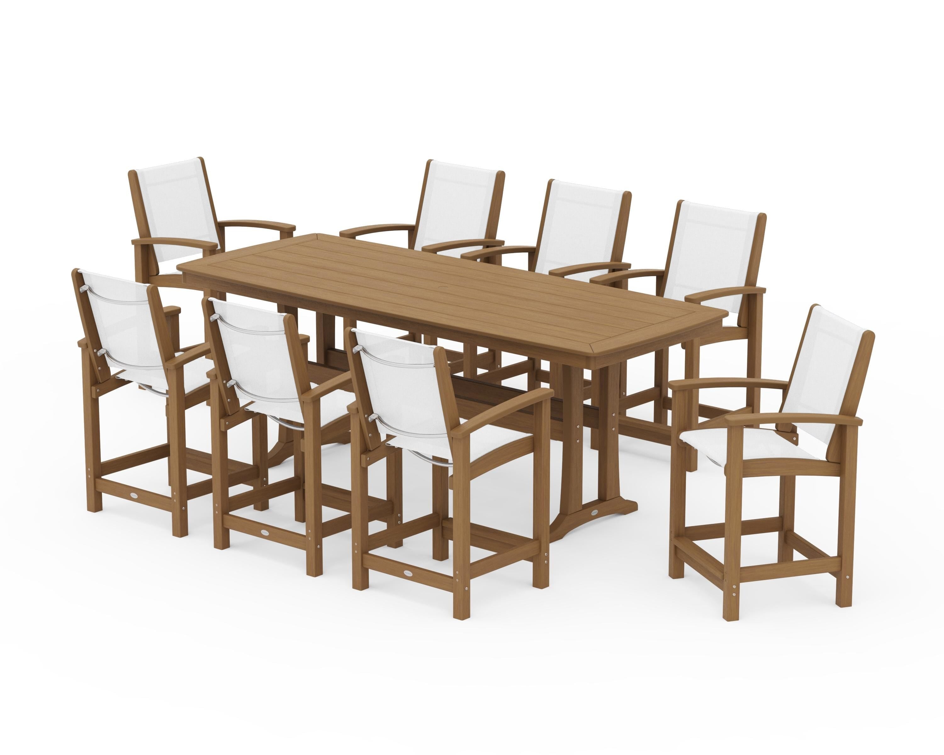 POLYWOOD Coastal 9-Piece Counter Set with Trestle Legs in Natural / White Sling