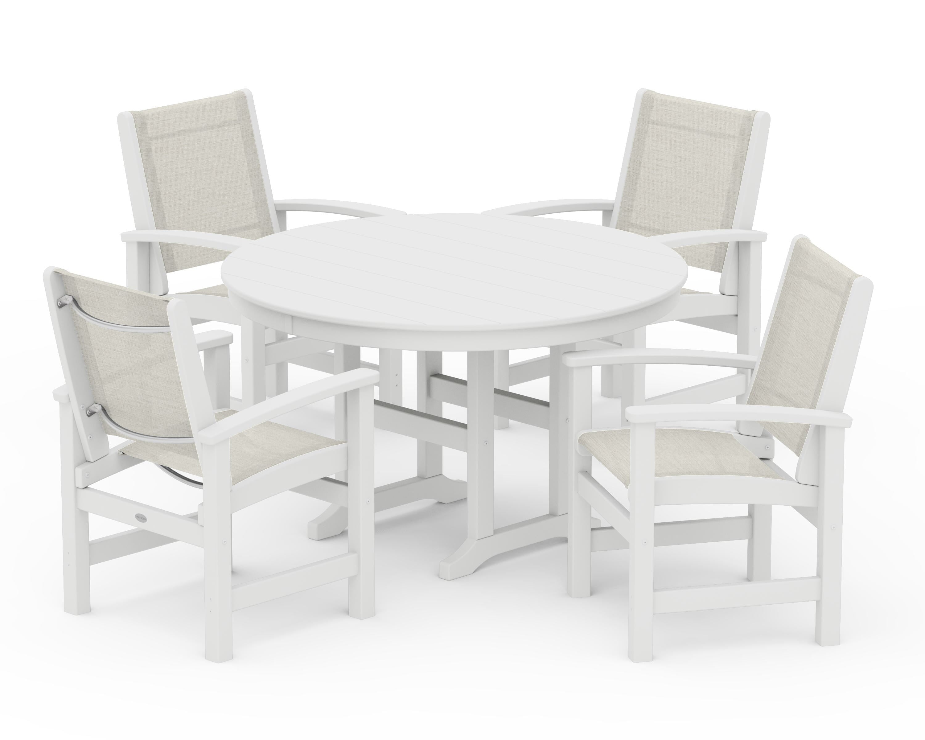 POLYWOOD Coastal 5-Piece Round Farmhouse Dining Set in White / Parchment Sling