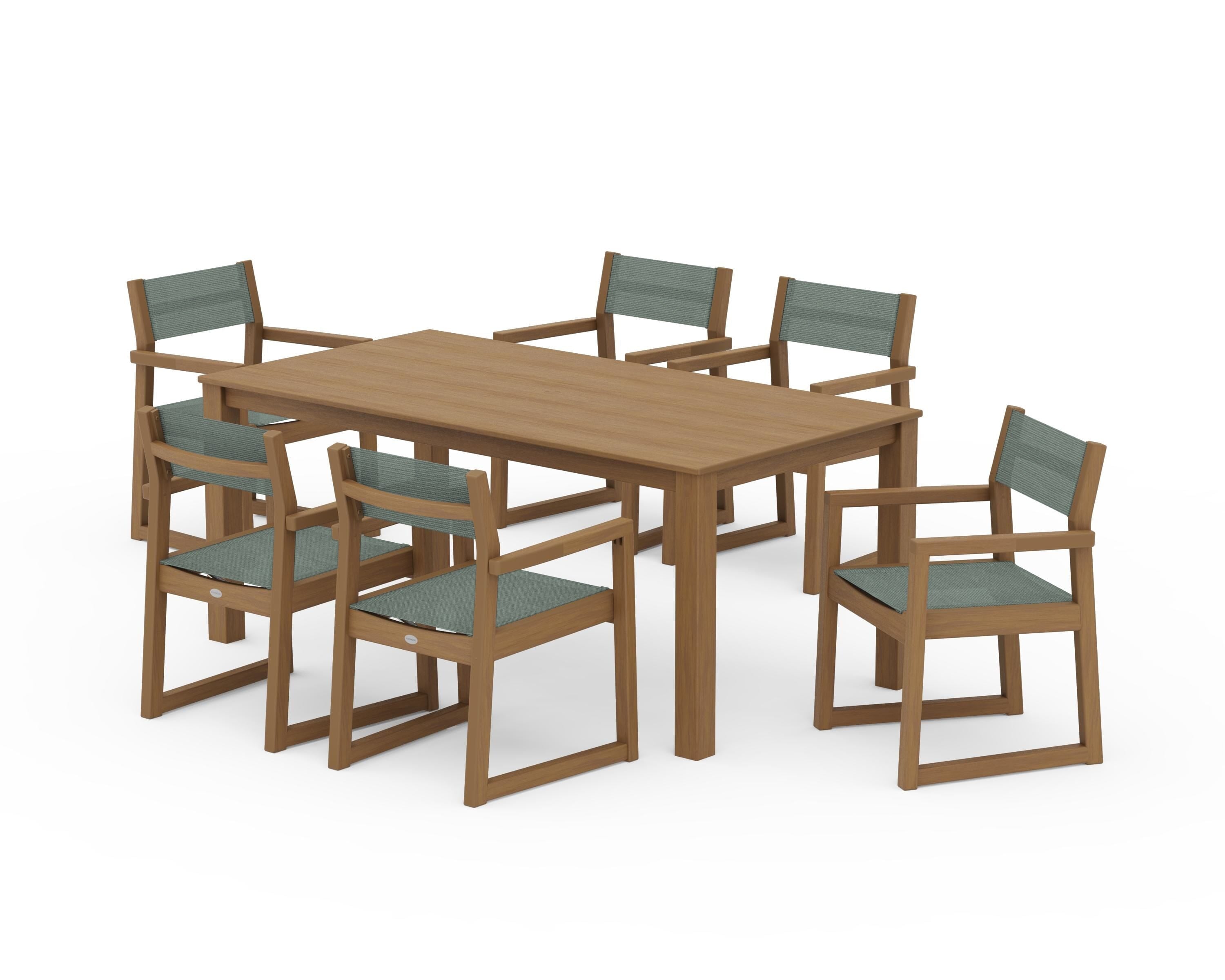 POLYWOOD EDGE Sling Arm Chair 7-Piece Parsons Dining Set in Natural / Dupioni Sea Mist Sling