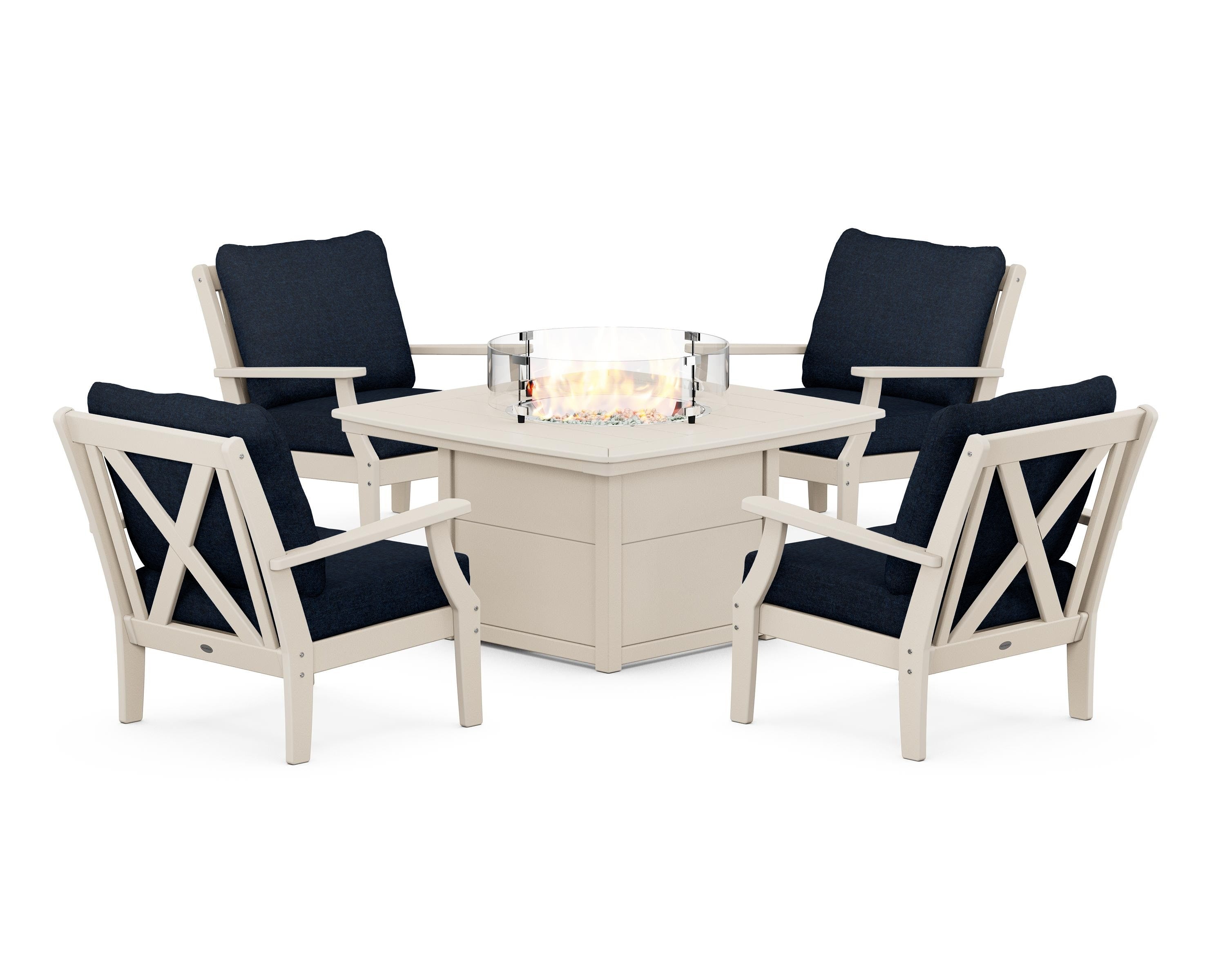 POLYWOOD Braxton 5-Piece Deep Seating Conversation Set with Fire Pit Table in Sand / Marine Indigo