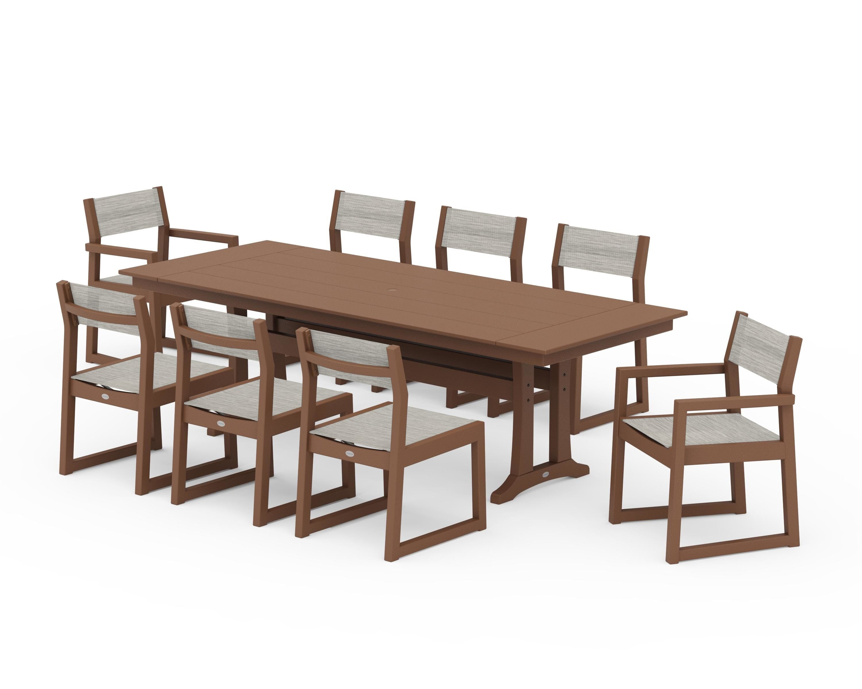 POLYWOOD EDGE Sling 9-Piece Farmhouse Trestle Dining Set in Teak / Birch Sling