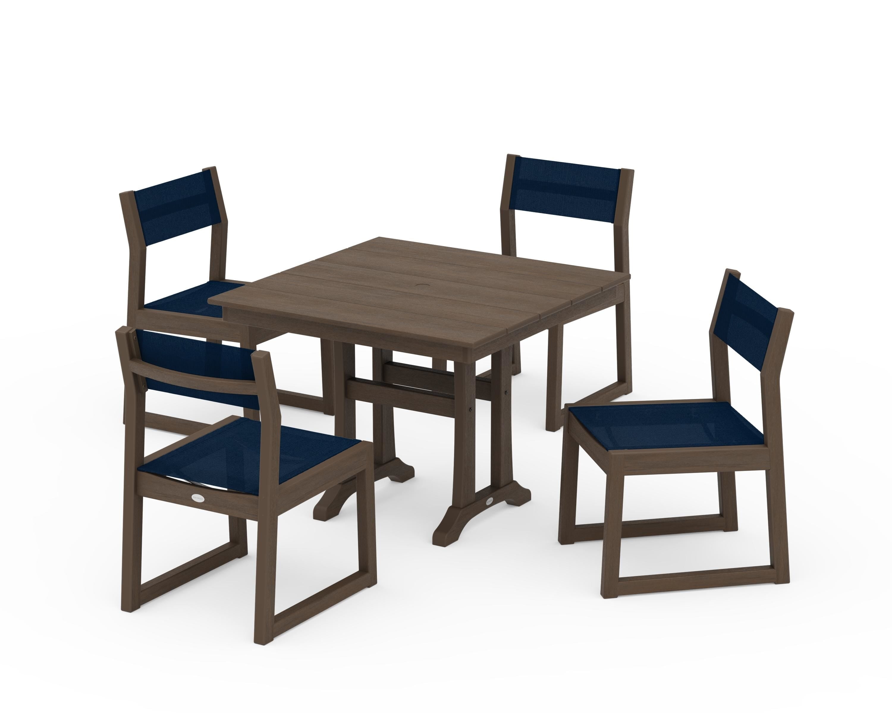 POLYWOOD EDGE Sling 5-Piece Farmhouse Trestle Side Chair Dining Set in Kona / Navy Blue Sling